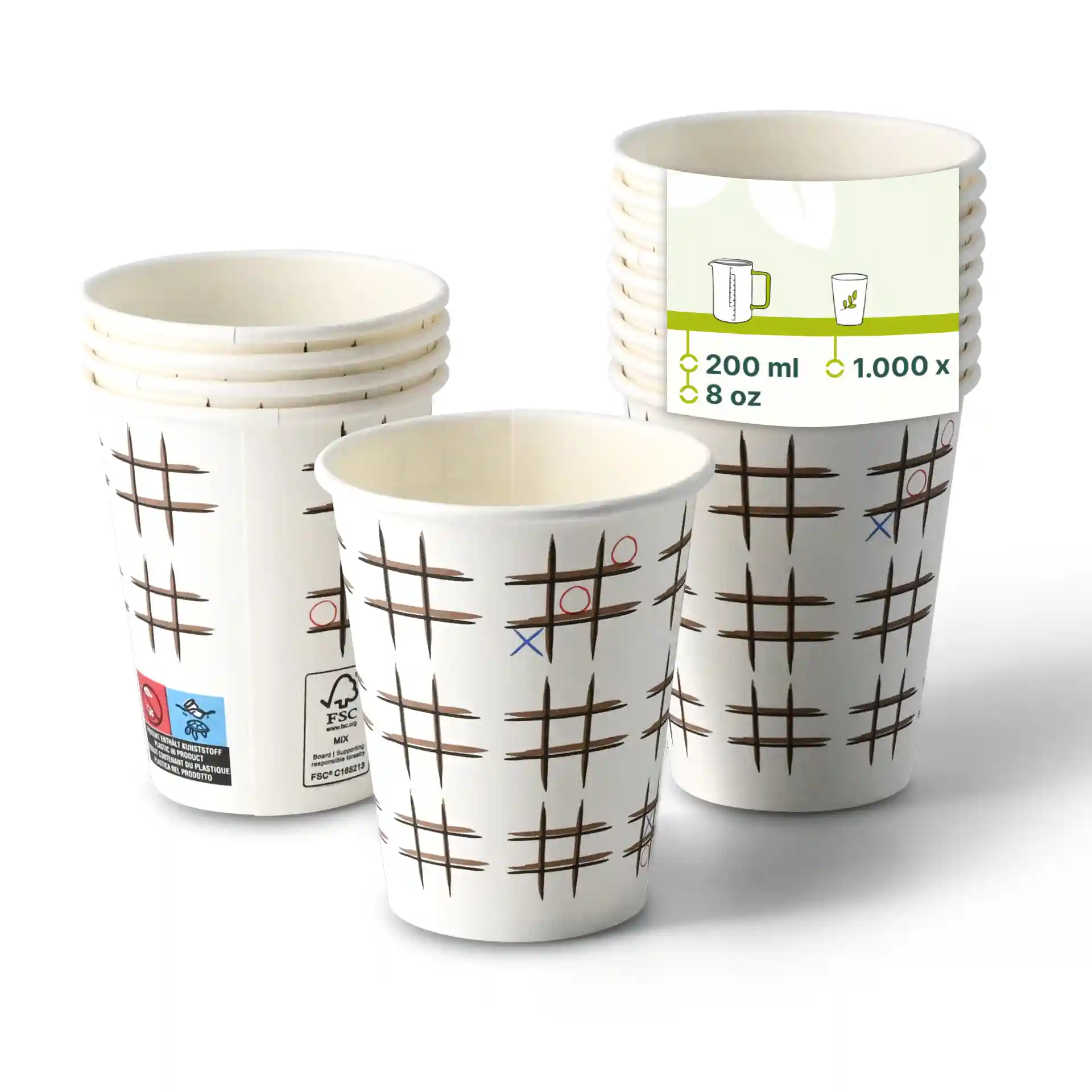 Bicchieri di carta bianchi con stampa "Tic Tac Toe", forma rotonda, capacità di 8 oz, impilati con un bicchiere davanti.