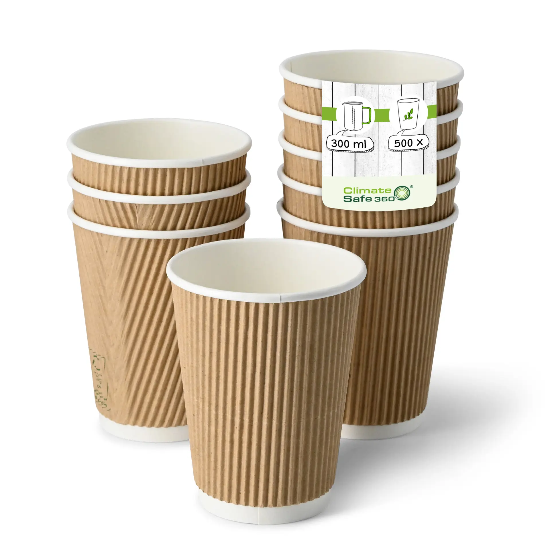 Una tazza ondulata marrone (12 oz) con interno bianco, circondata da tazze aggiuntive, etichettate per 300 ml e 500 unità.