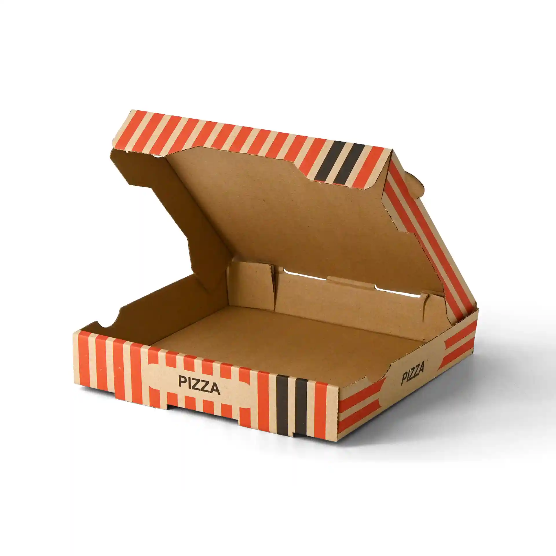 Scatola per pizza marrone con design di chef pizzaiolo, misura 26 x 26 x 4 cm, mostrata aperta.