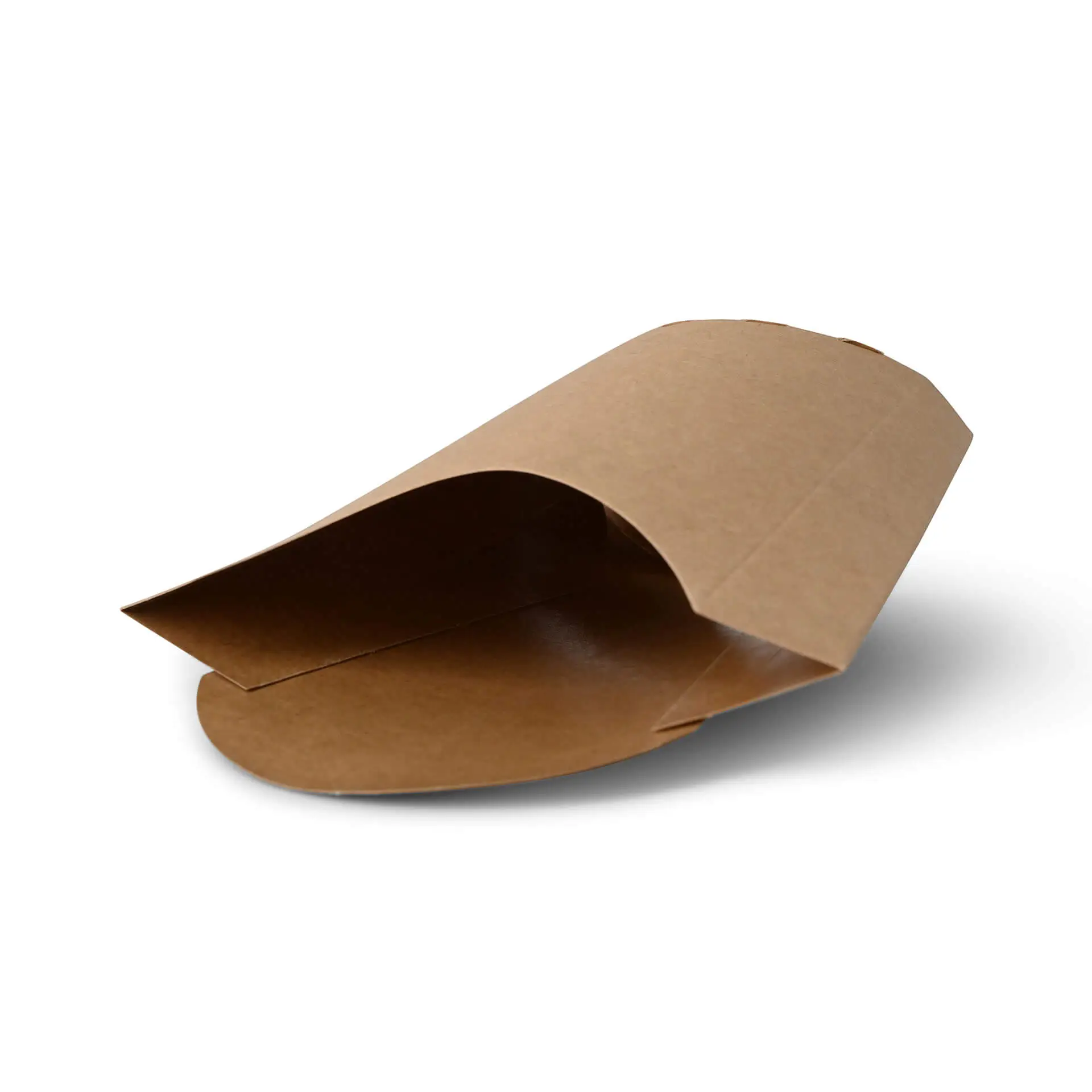 Cucchiaio in cartone marrone per servire cibi fritti, con una linguetta aperta per la circolazione dell'aria; biodegradabile e resistente agli oli.