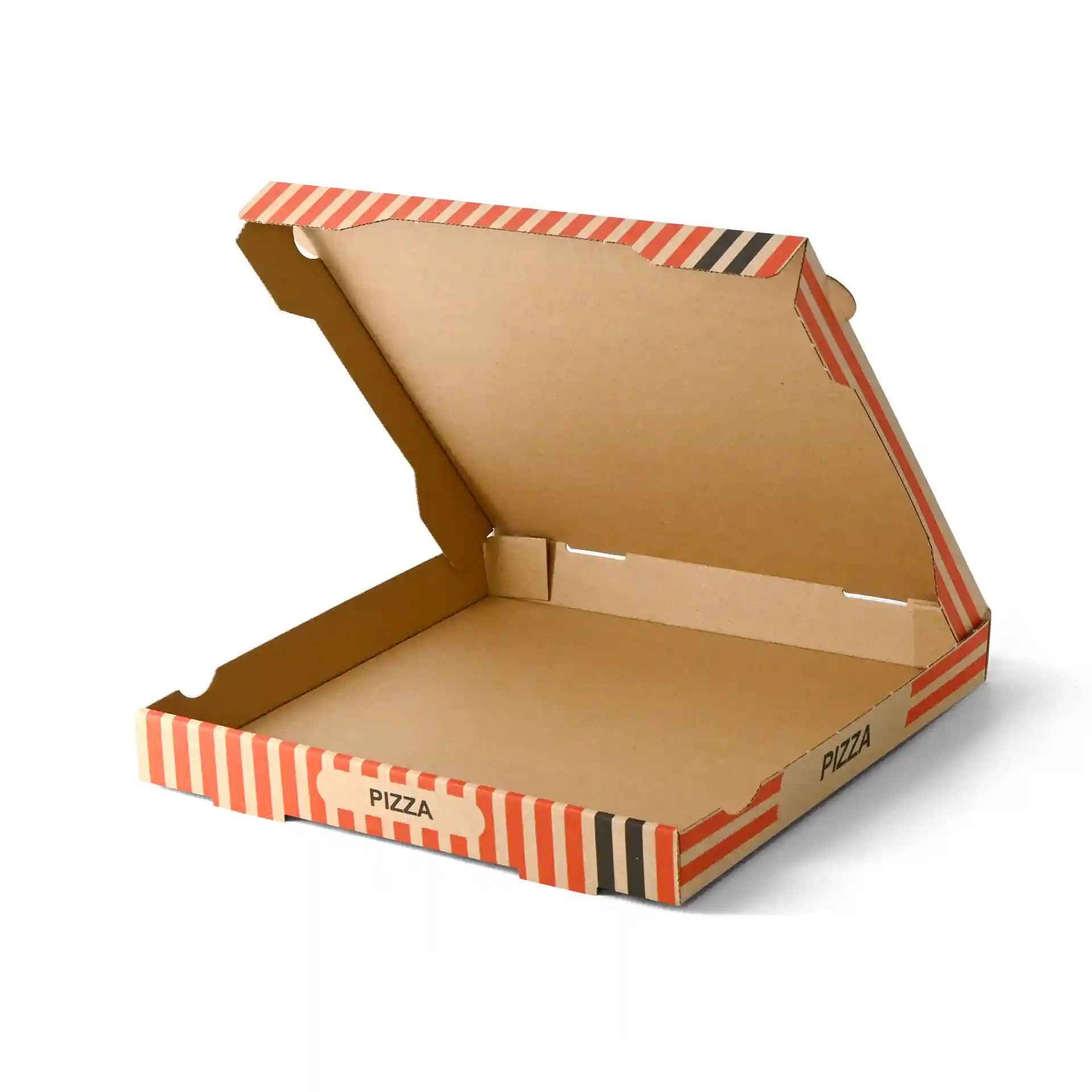 Scatola per pizza marrone con design di chef pizzaiolo, misura 32 x 32 x 4 cm, mostrata aperta.
