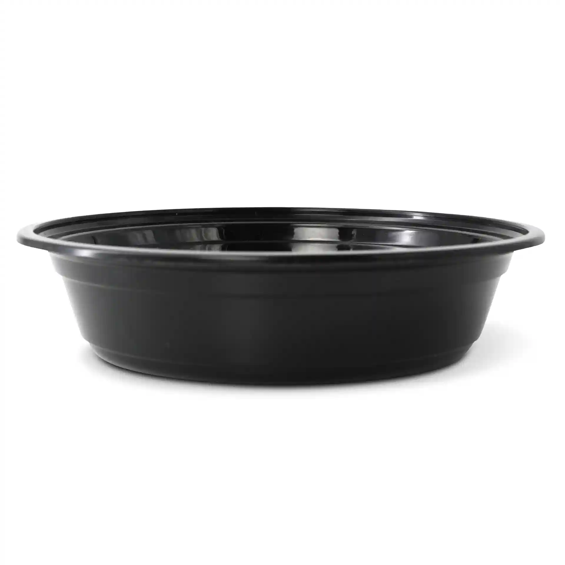 Piatto rotondo nero riutilizzabile in polipropilene, capacità di 700 ml, diametro di 182 mm e altezza di 44 mm.