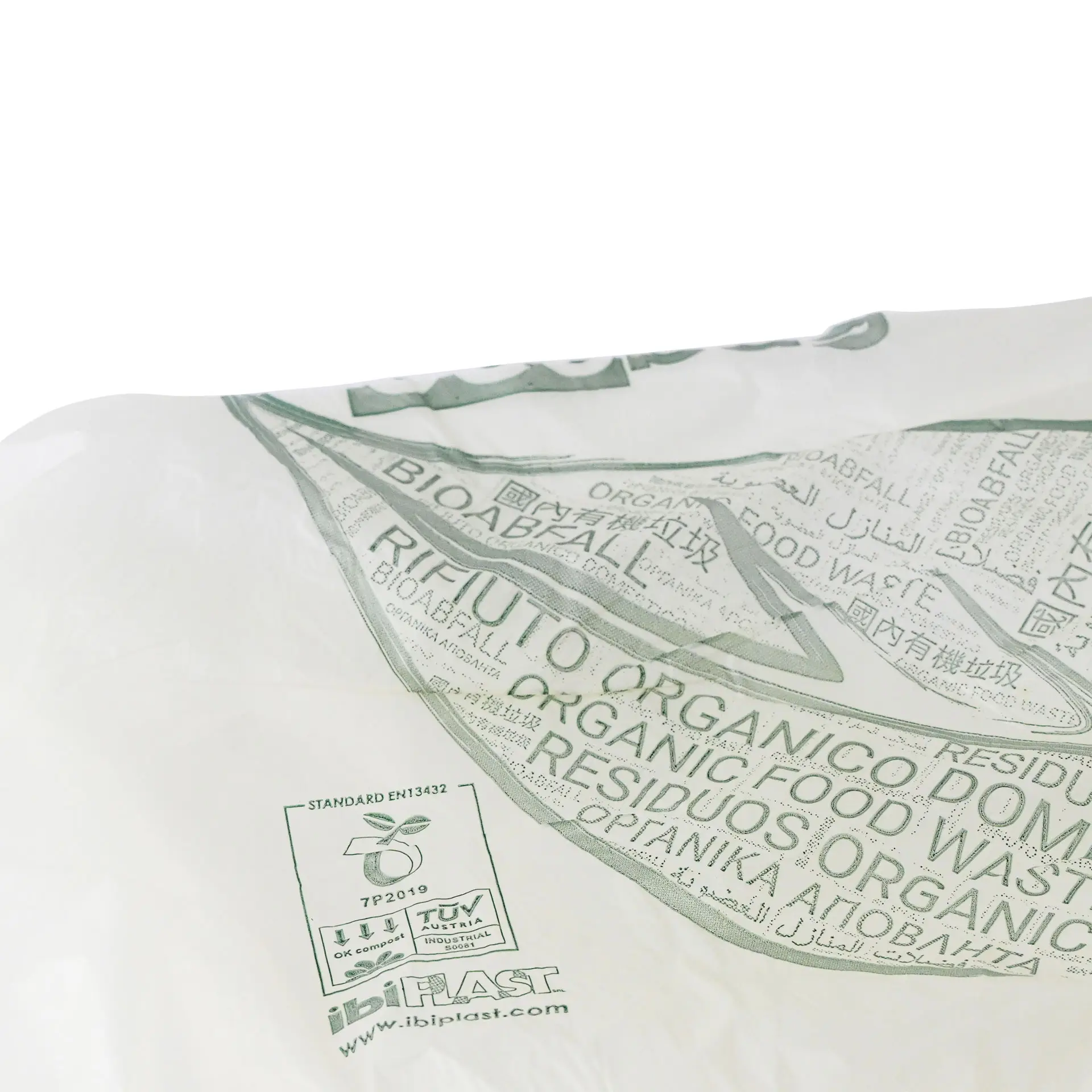 Sacchetto biodegradabile trasparente in PLA; presenta segni per lo smaltimento dei rifiuti organici.