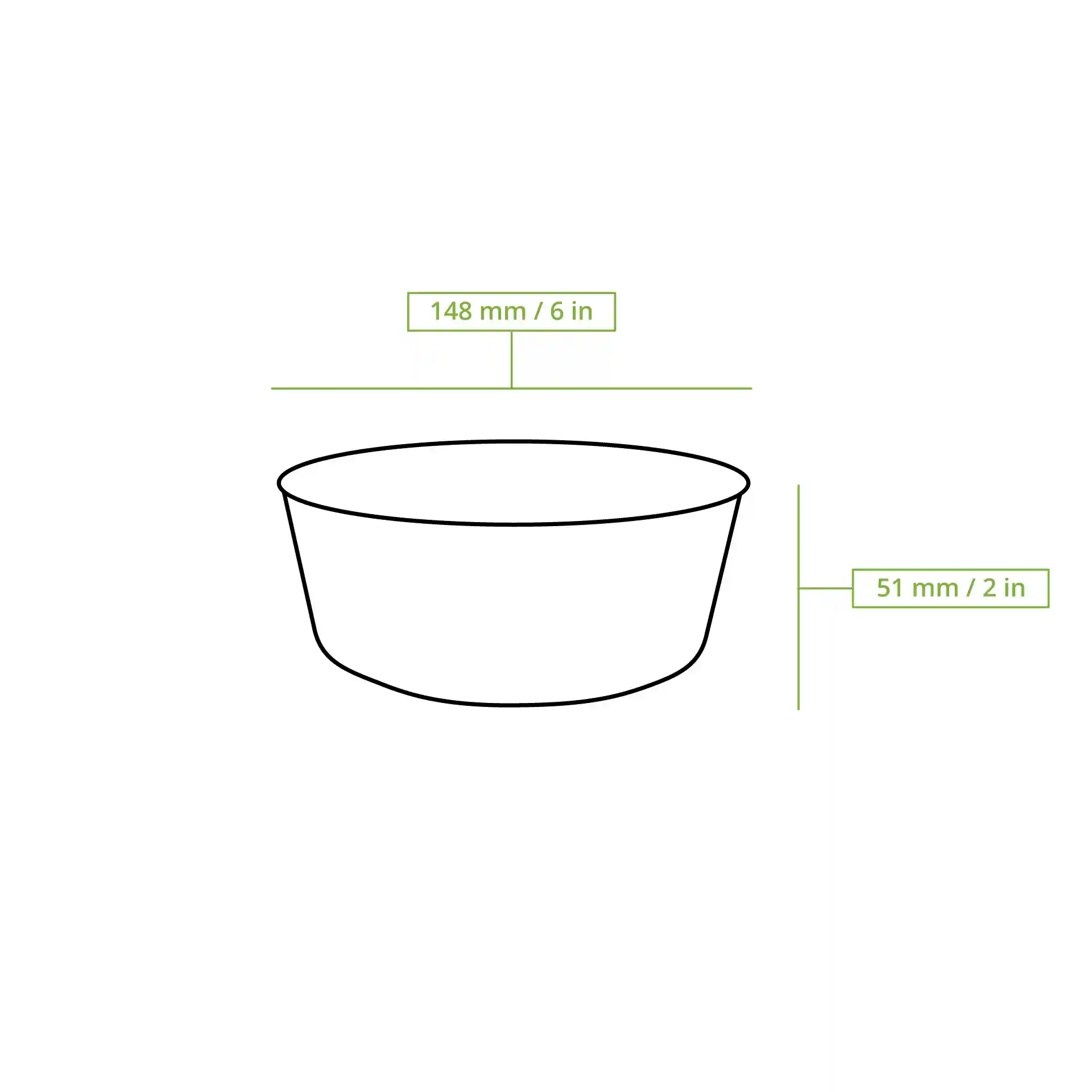 Disegno schematico di una ciotola rotonda in cartone con linee di dimensione che mostrano un diametro di 150 mm e un'altezza di 51 mm.