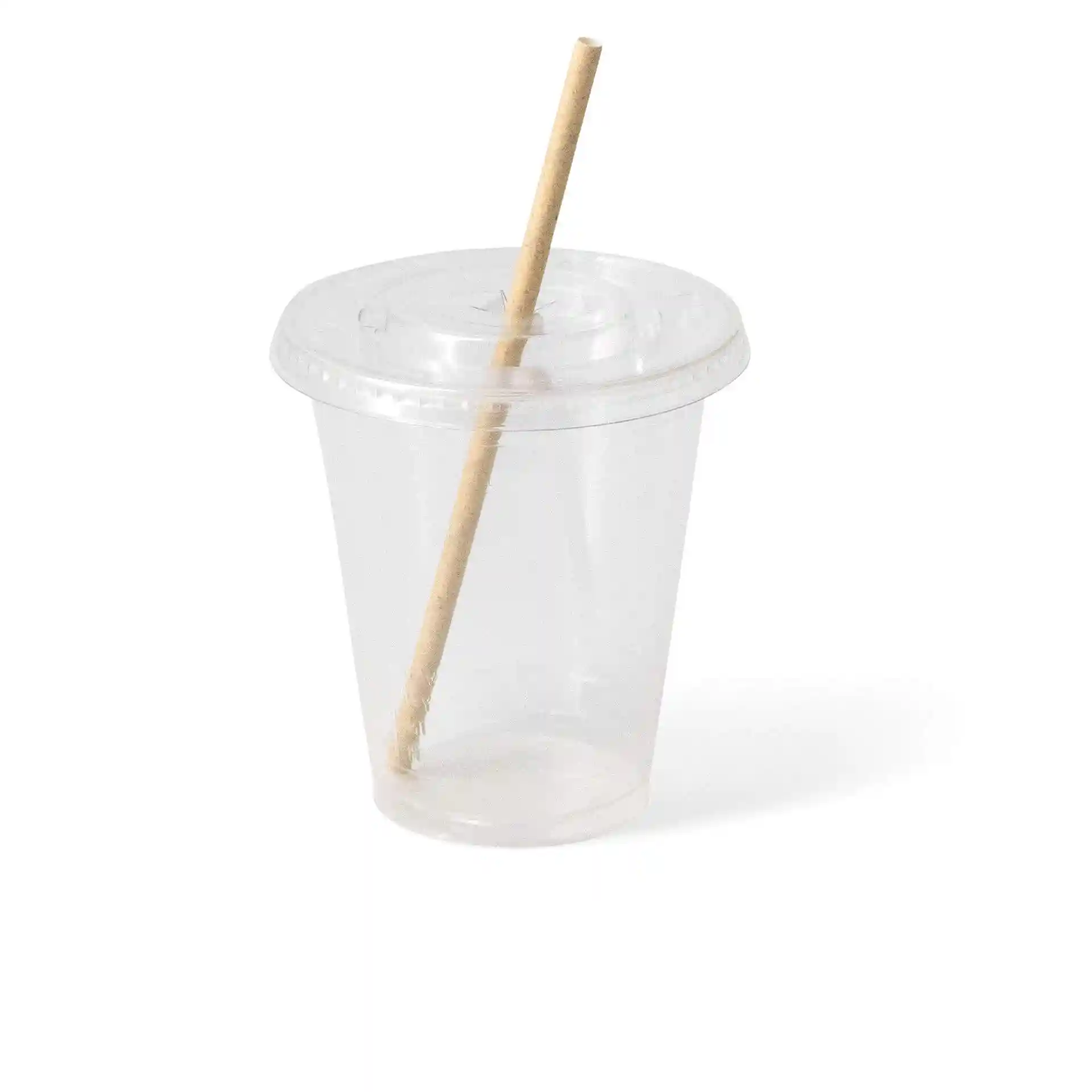 Bicchiere di plastica trasparente da 12 oz con una cannuccia di carta, diametro di 95 mm e altezza di 106 mm.