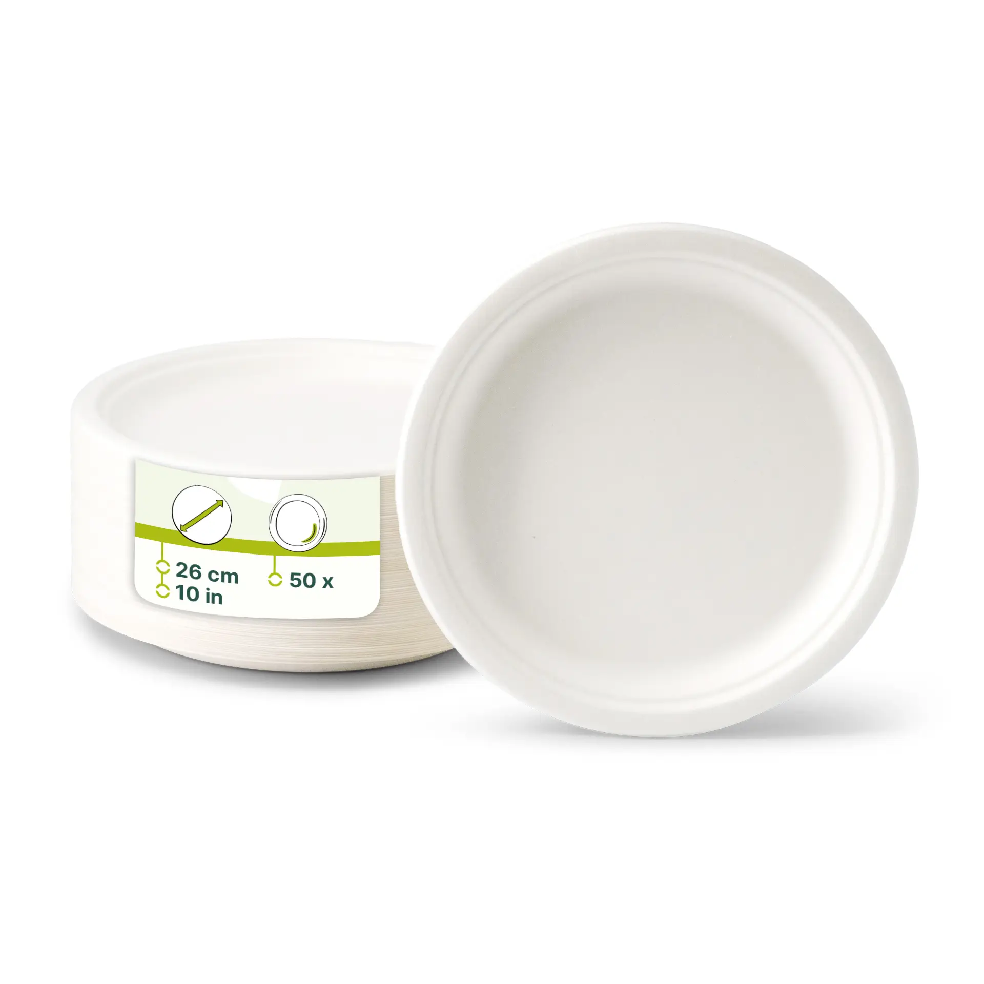 Un piatto rotondo bianco in canna da zucchero, 26 cm di diametro, con un'etichetta che descrive la dimensione e la quantità; piatti aggiuntivi mostrati con opacità ridotta.