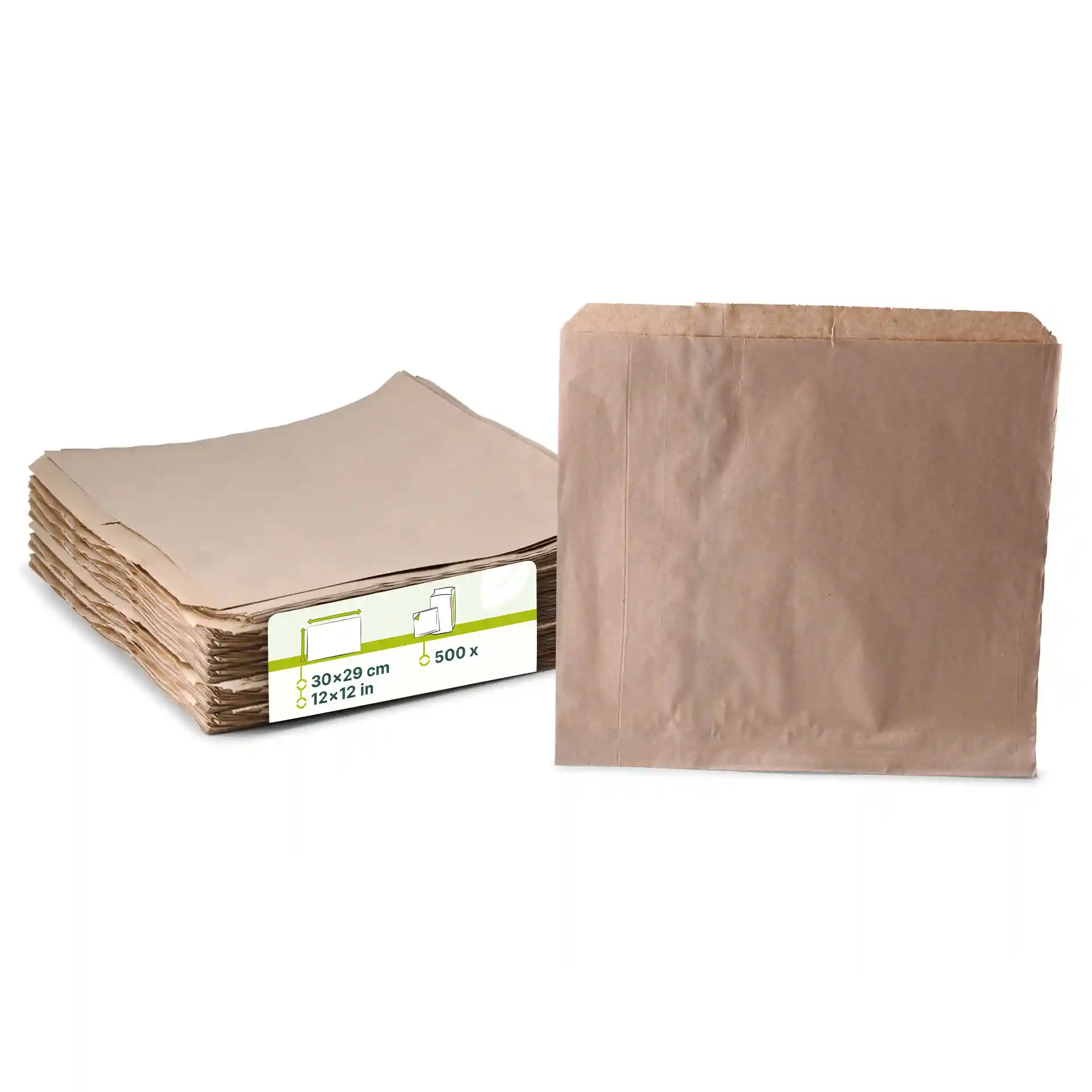 Pila di sacchetti piatti in carta kraft marrone, 30 x 29 cm, con un sacchetto in posizione verticale.