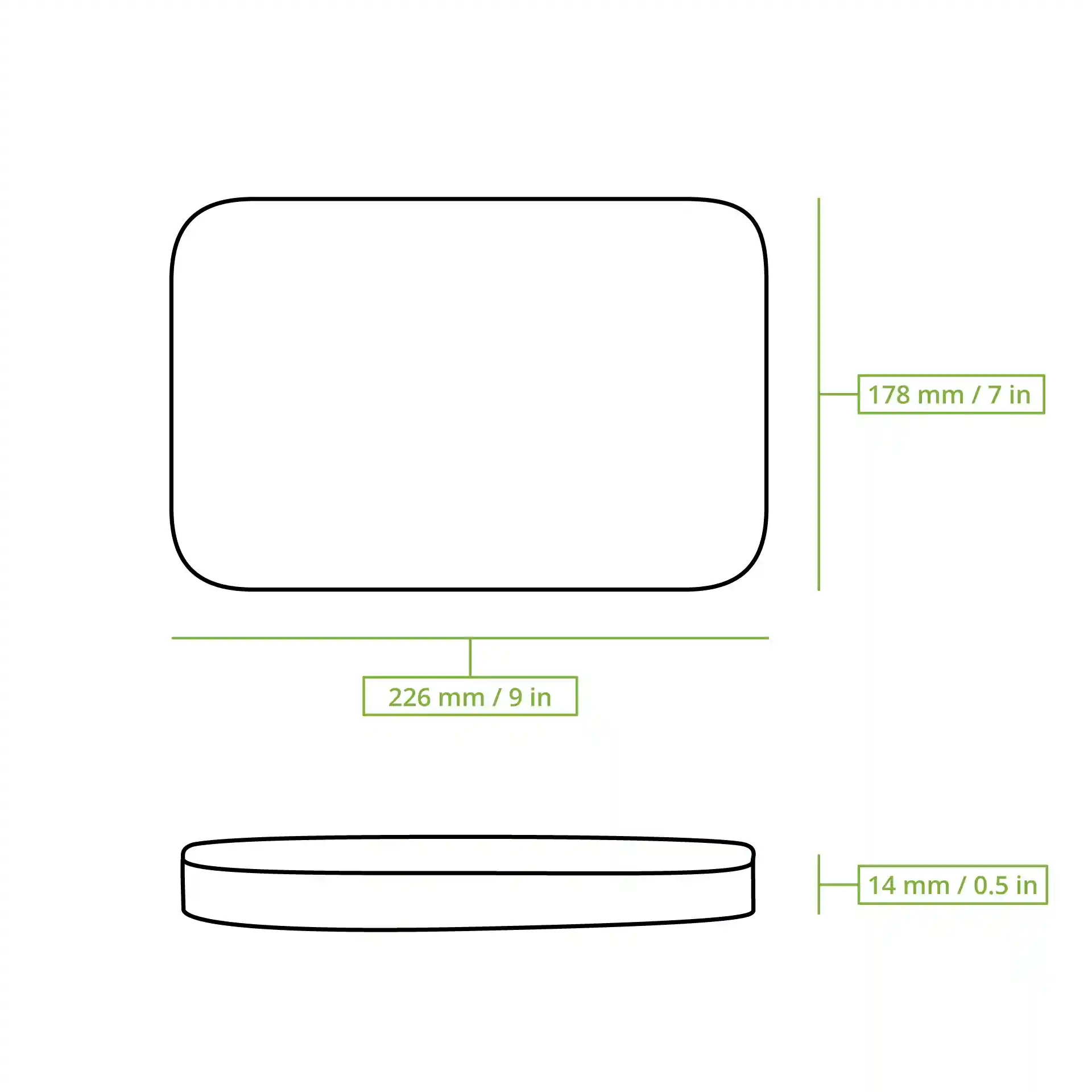 Disegno schematico di un coperchio rettangolare in alluminio per un vassoio per pasti a due scomparti con dimensioni etichettate.
