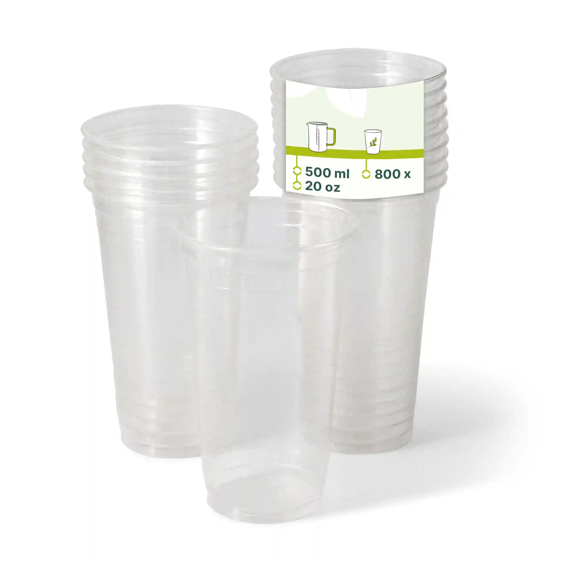 Bicchieri di plastica trasparenti impilati, con un'etichetta che mostra una capacità di 500 ml e una quantità di 800 bicchieri.