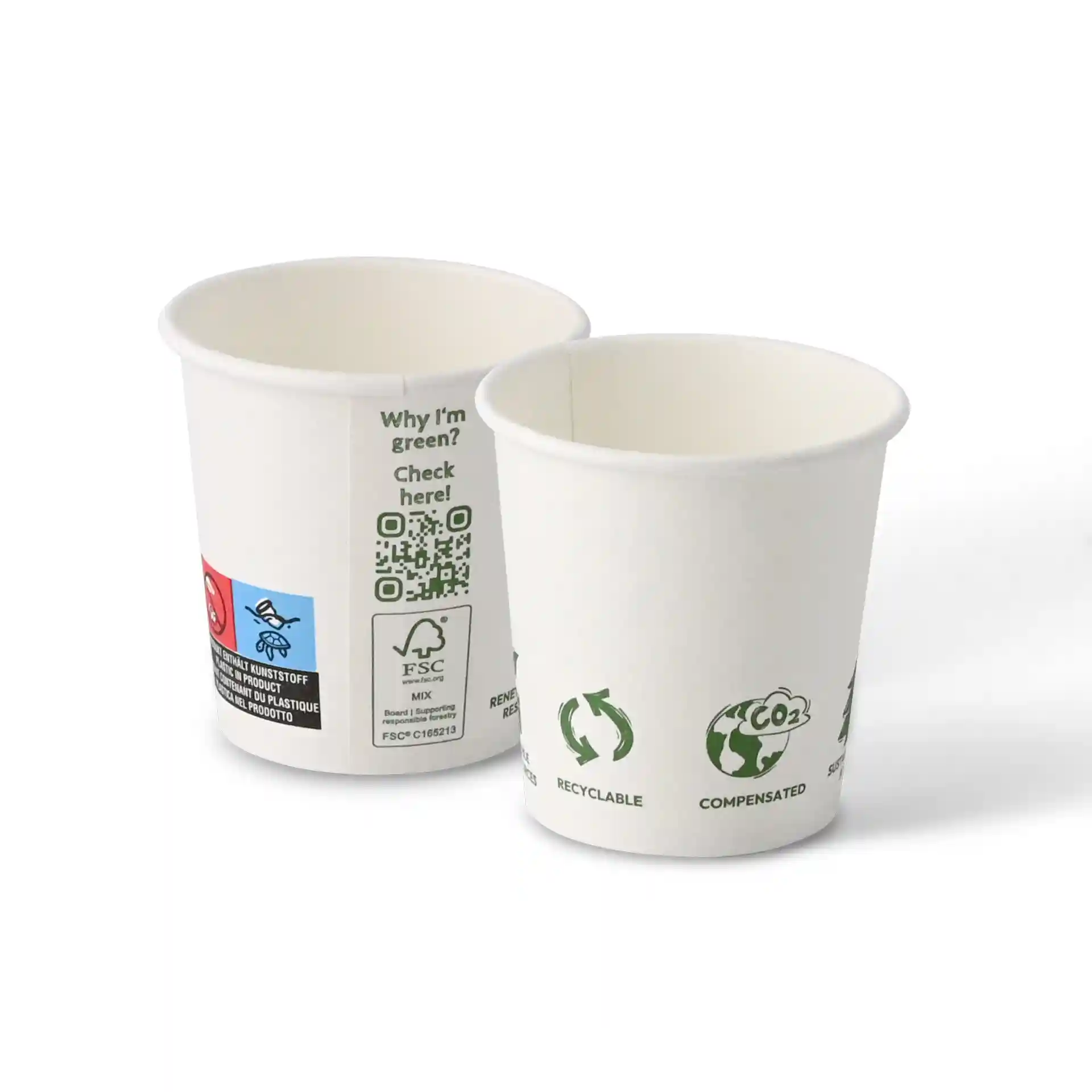 Bicchiere bianco, 100 ml, con un diametro di 62 mm, con vari icone ecologiche sulla superficie.