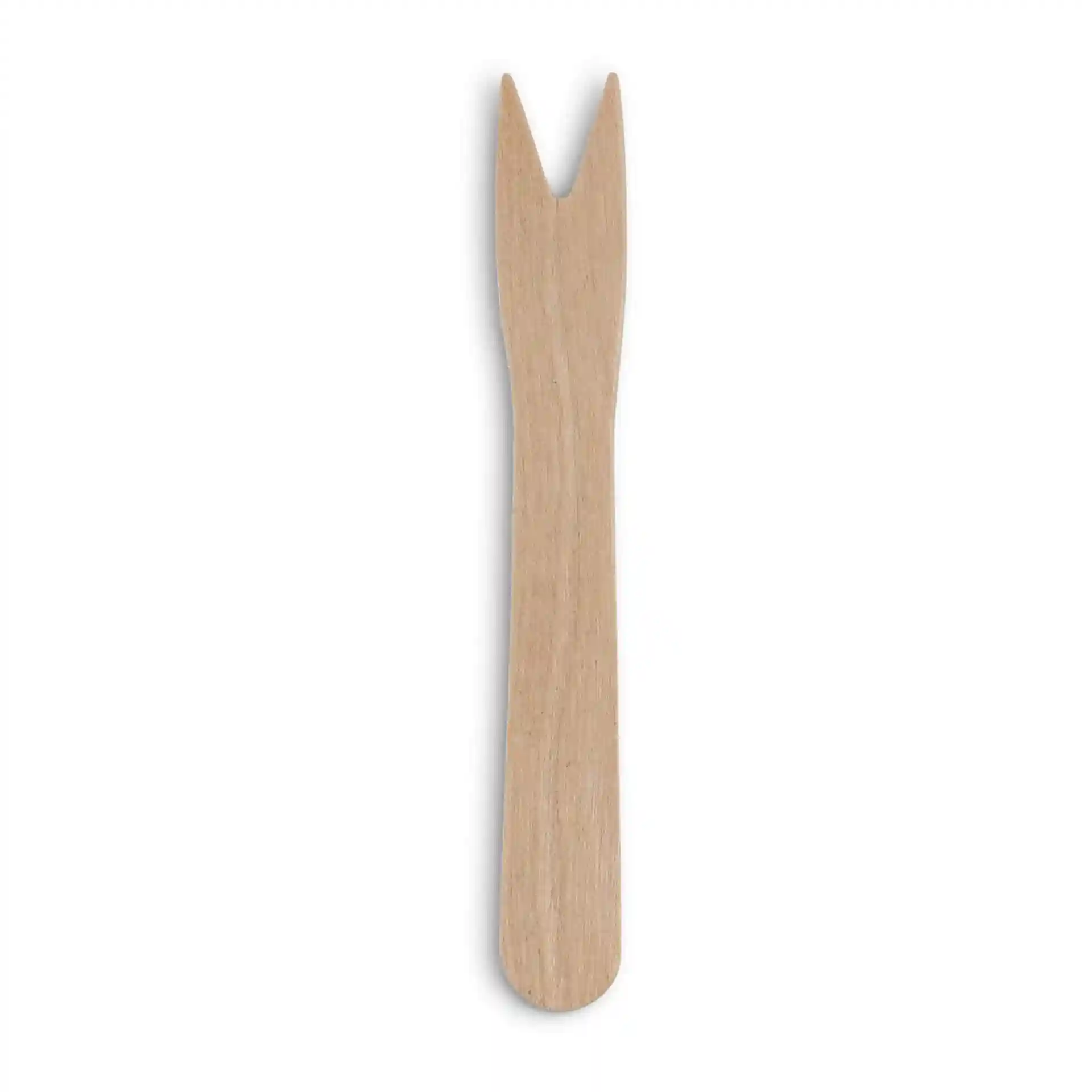 Forchetta in legno, lunga 8,5 cm, con un'estremità biforcuta e una superficie liscia in legno marrone.