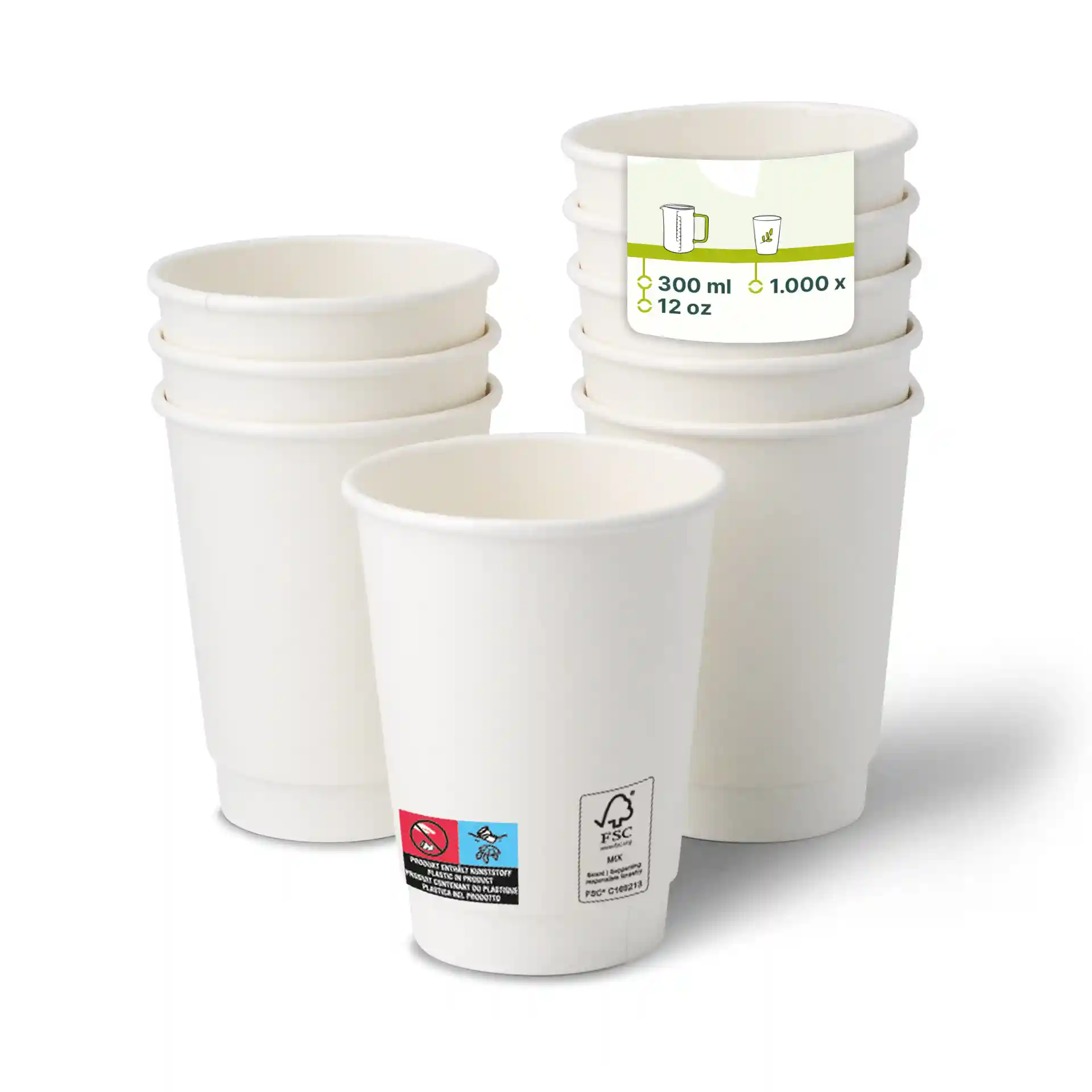 Tazze da caffè in cartone bianco a doppia parete impilate, con una tazza davanti che mostra un'etichetta con dettagli su volume e quantità.