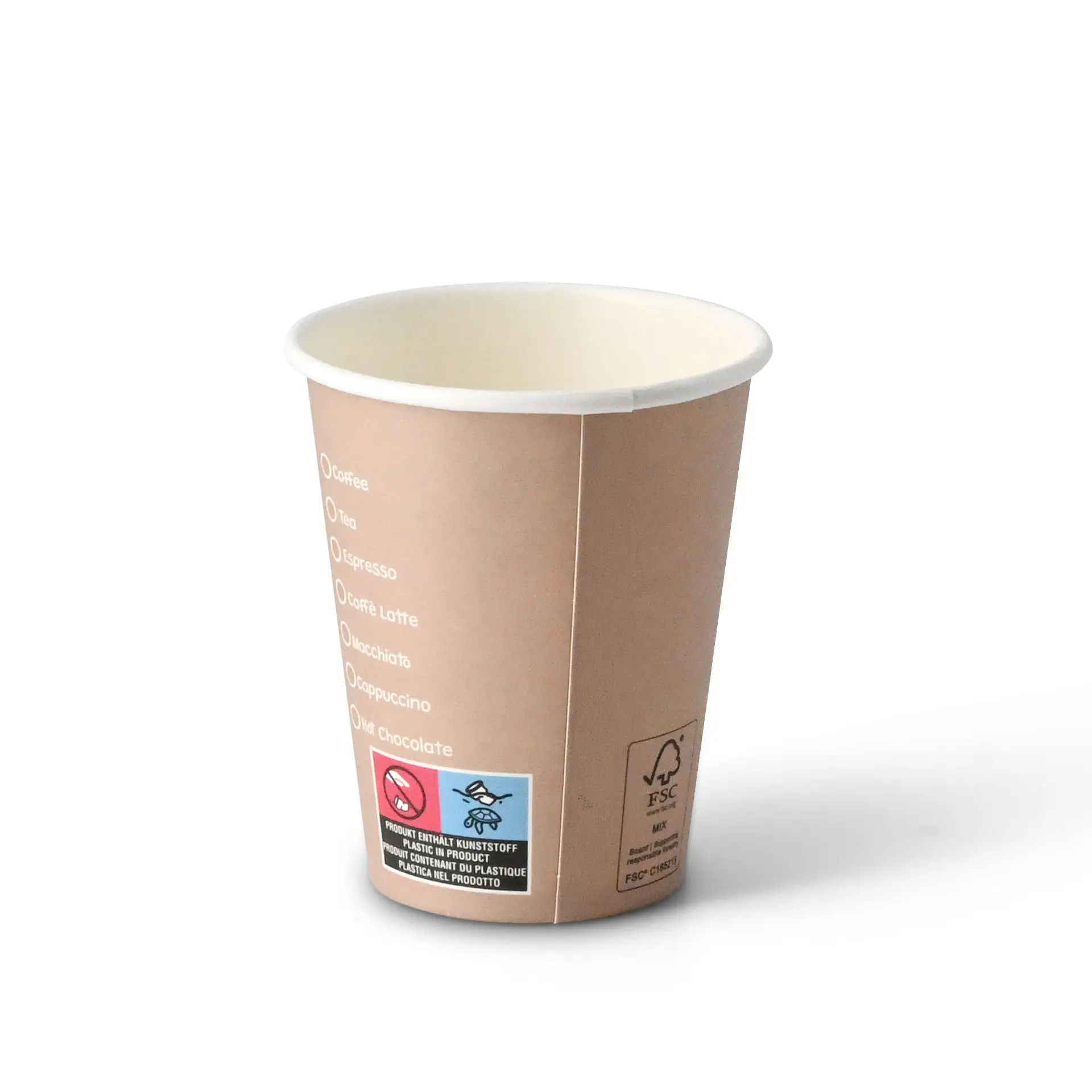 Un bicchiere di carta da 8 oz con stampa "Coffeebreak"; design adatto per bevande calde e fredde, con superficie rivestita in PE.