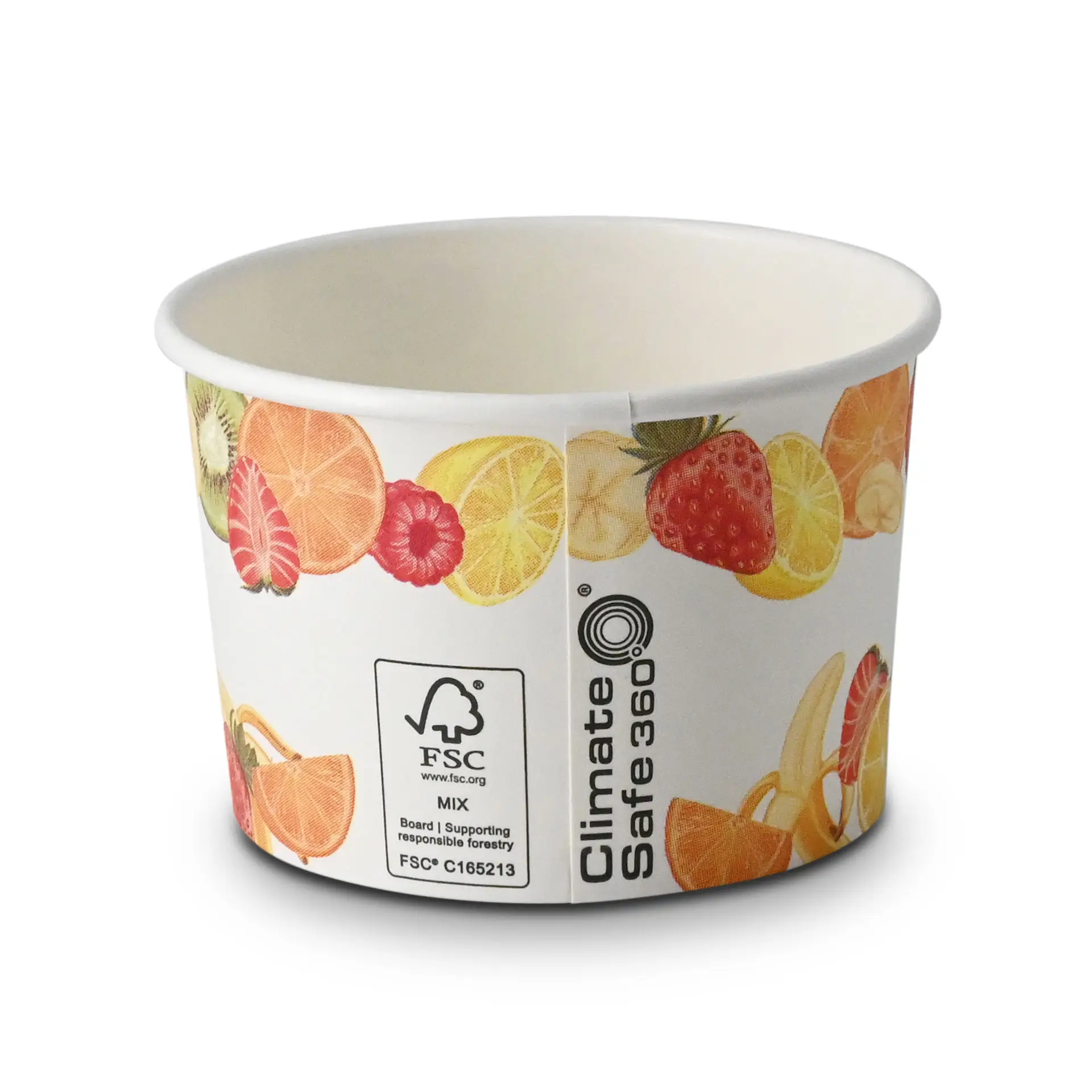 Un cup in carta per gelato stampato con una varietà di frutti; parte di una collezione di bicchieri in carta rivestita per cibi caldi e freddi.