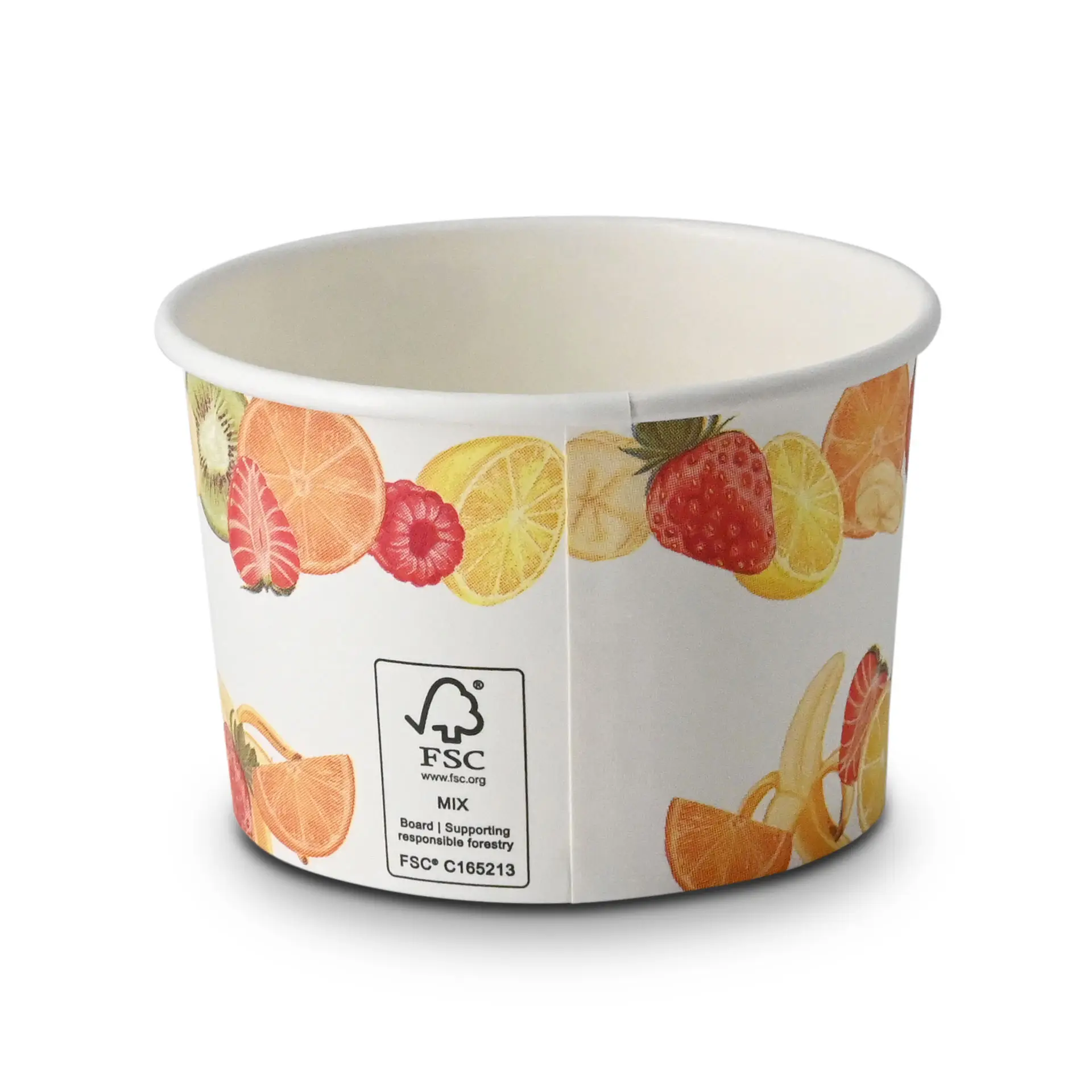Bicchiere di carta stampato con un diametro di 92 mm, con illustrazioni di frutta all'esterno.