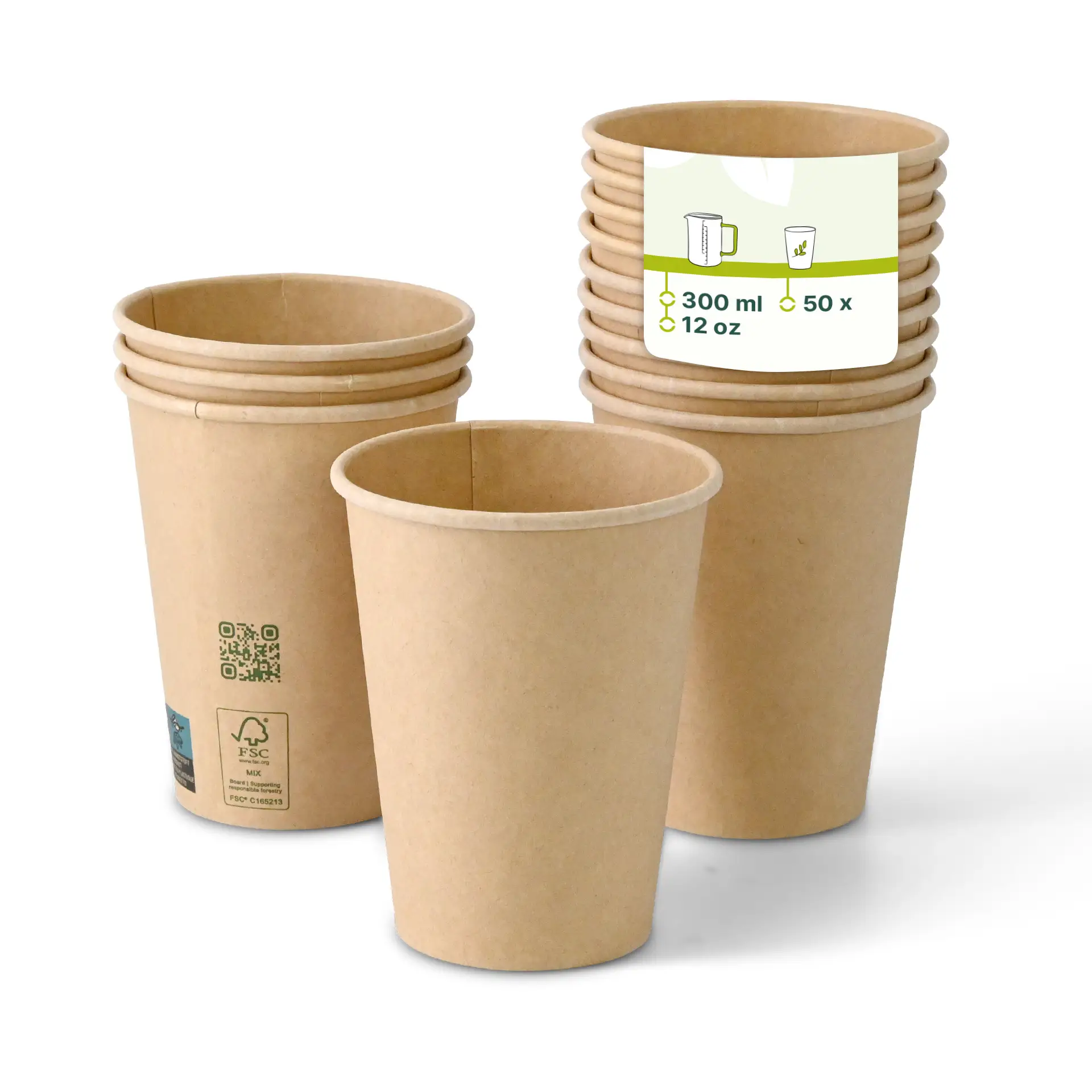 Bicchiere in carta marrone a parete singola, 300 ml / 12 oz, rivestito in PLA, progettato per bevande calde e fredde; più bicchieri impilati dietro.