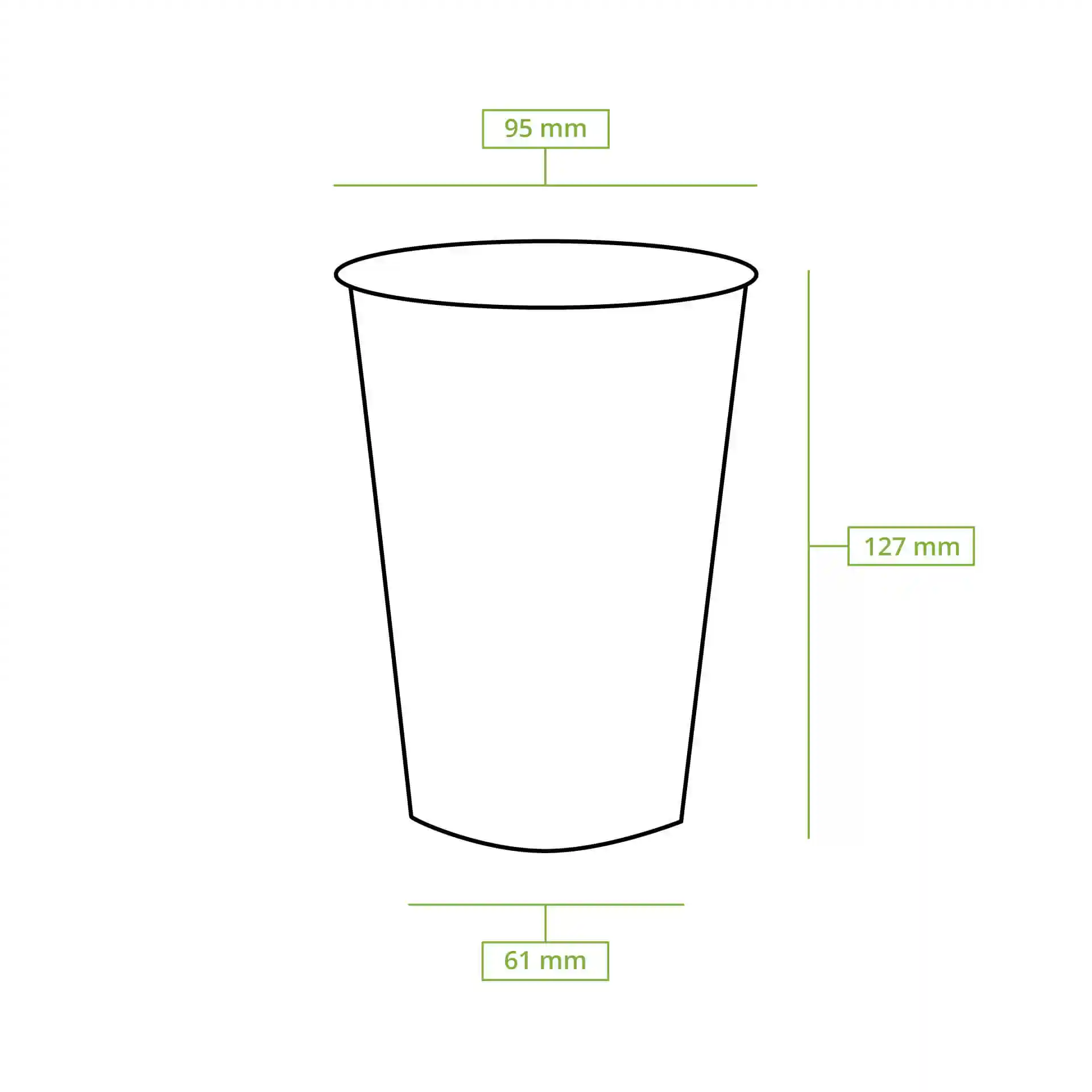 Disegno schematico di un bicchiere trasparente con dimensioni: altezza 127 mm, diametro superiore 95 mm, diametro inferiore 61 mm.