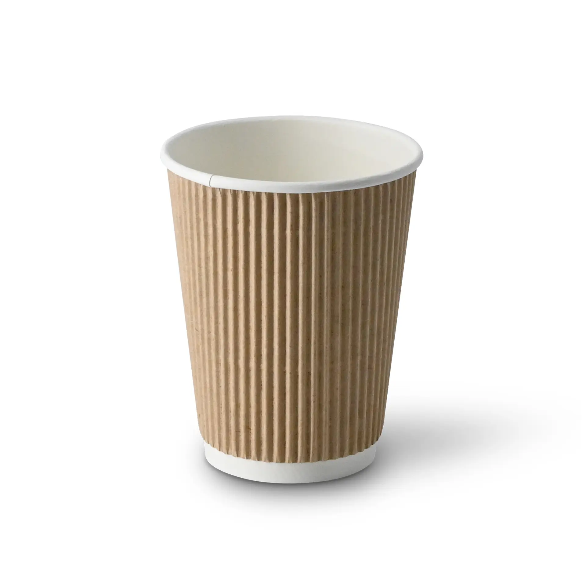 Una tazza da caffè marrone a righe da 12 oz con interno bianco; progettata per bevande calde con isolamento a triplo strato.