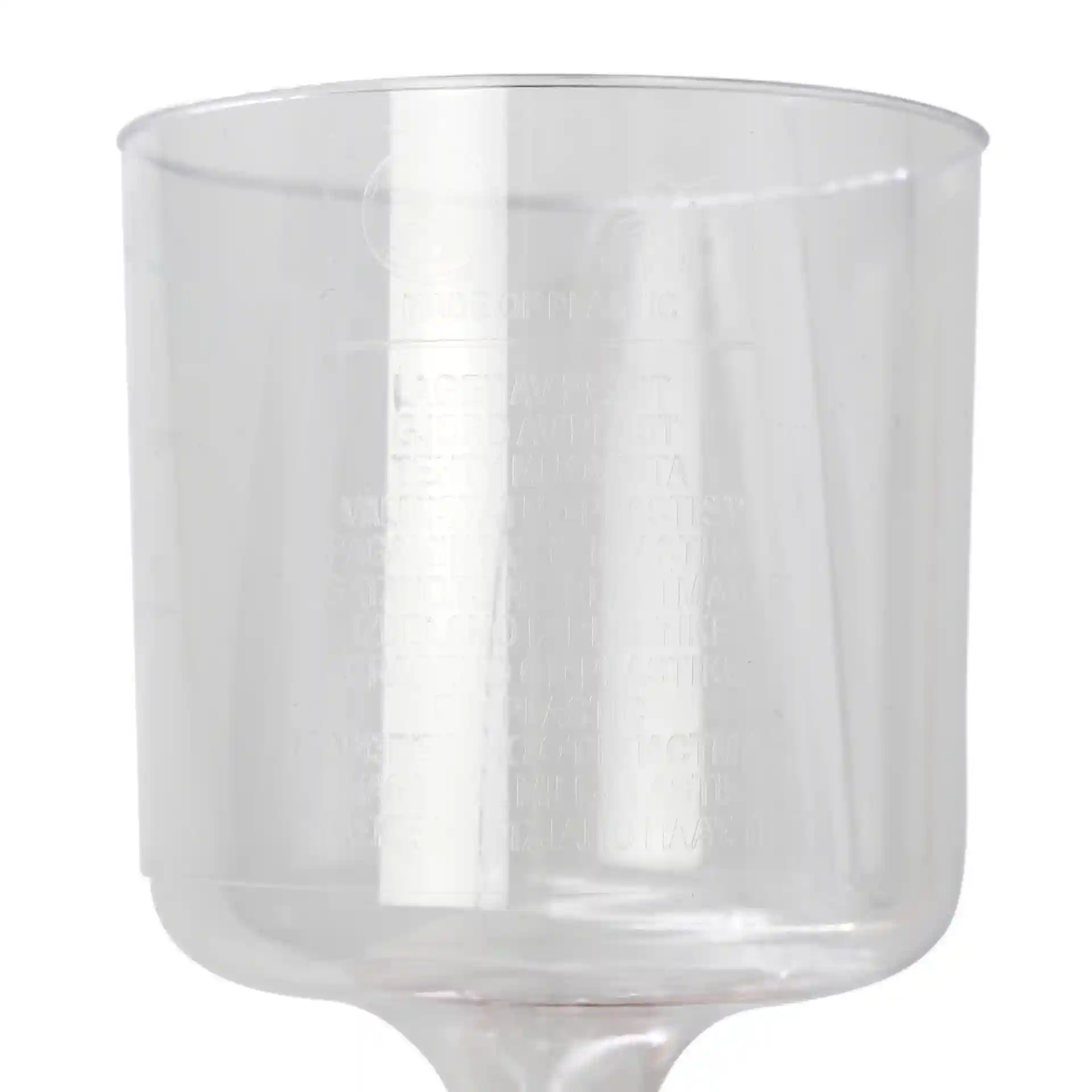 Bicchiere da vino riutilizzabile trasparente con una capacità di 200 ml, con superficie liscia e base conica.