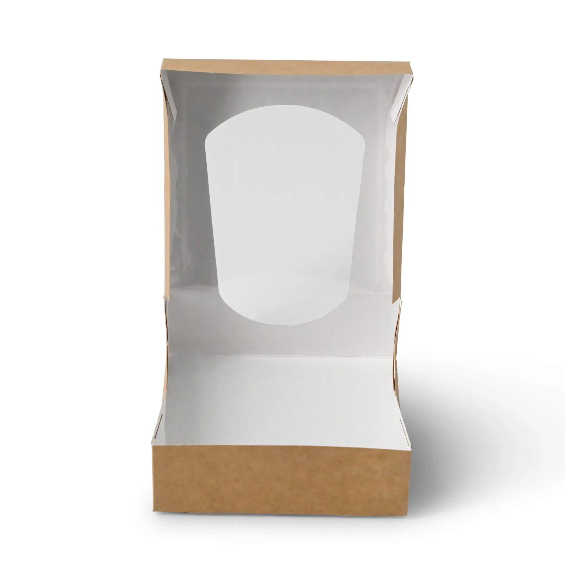 Scatola di cartone marrone con finestra in cellulosa, misura 12 x 12 x 4 cm, con interno bianco.