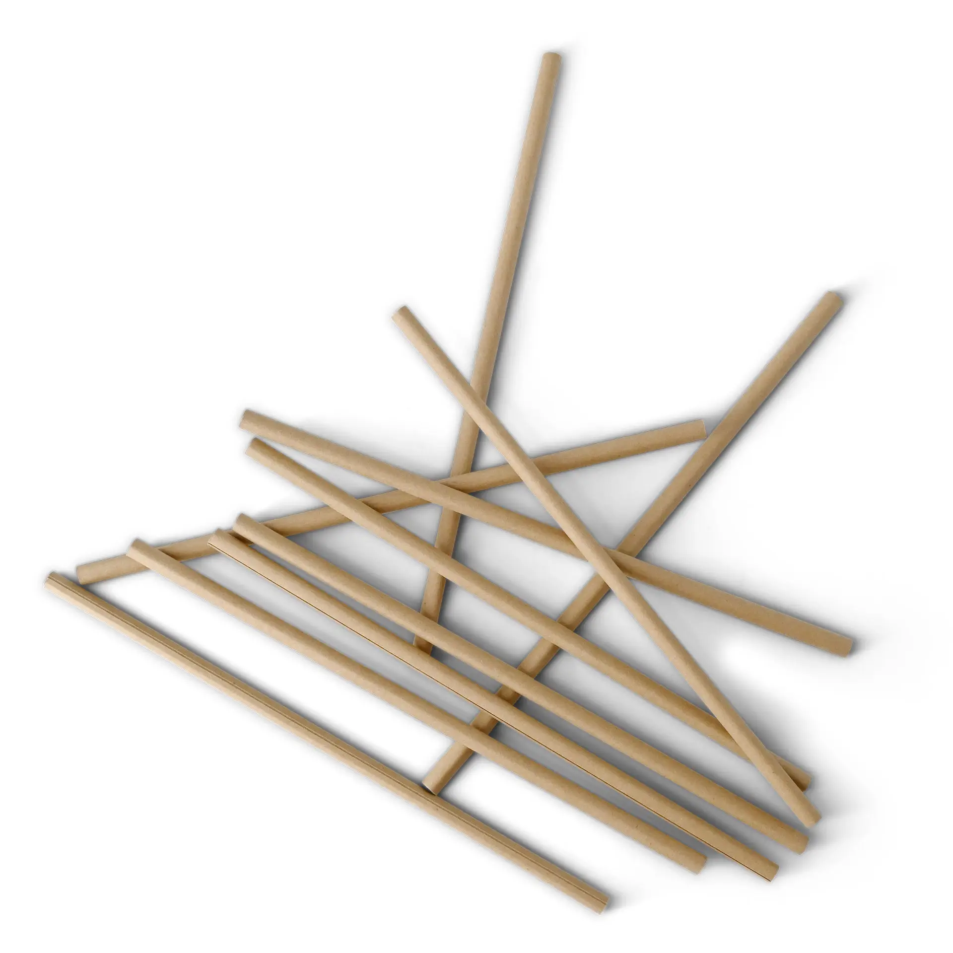 Cannucce di carta biodegradabili marroni di diverse lunghezze, sparse su uno sfondo bianco.