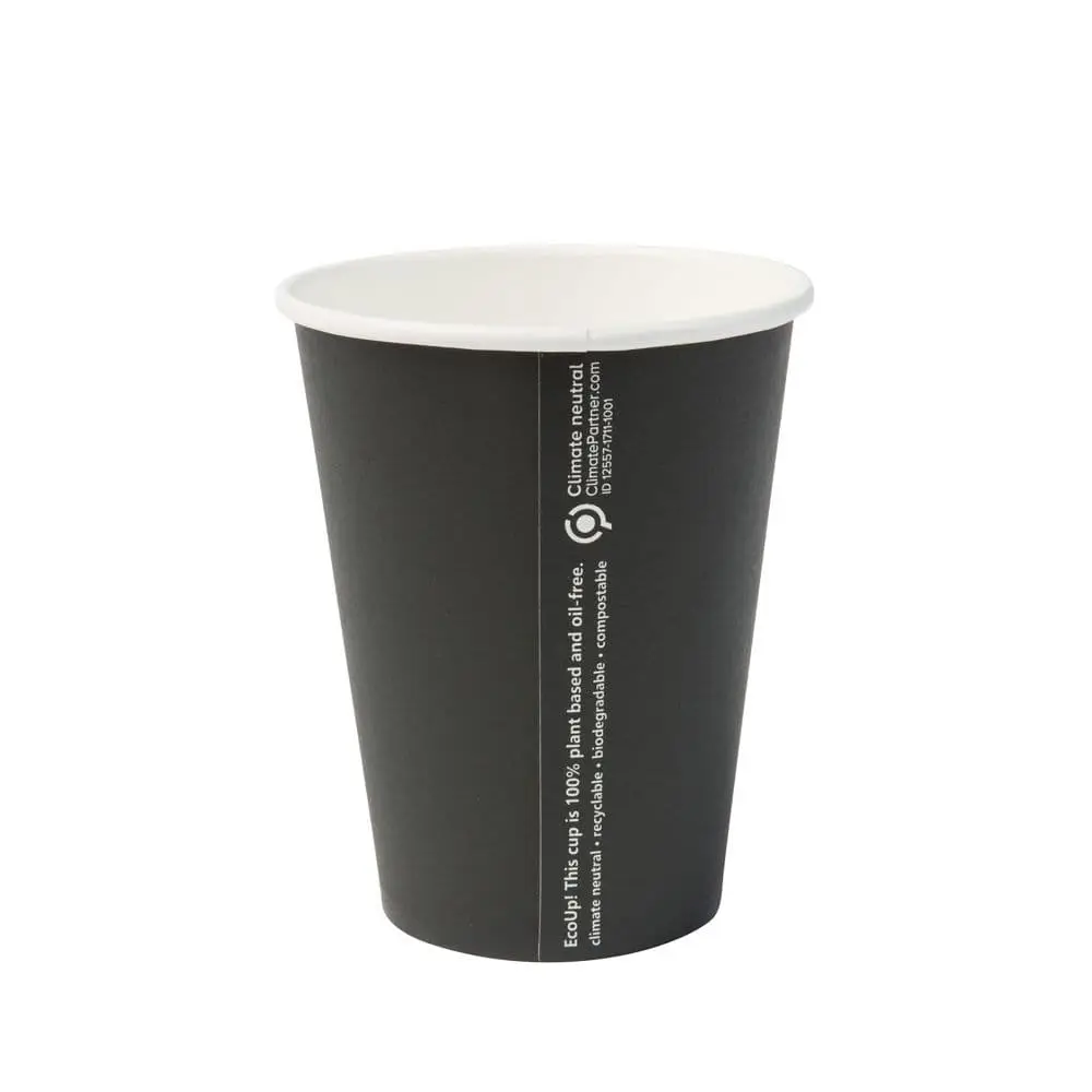 Bicchiere di carta nero a parete singola, da 300 ml, rivestito in PLA, adatto per bevande calde e fredde, design ecologico.