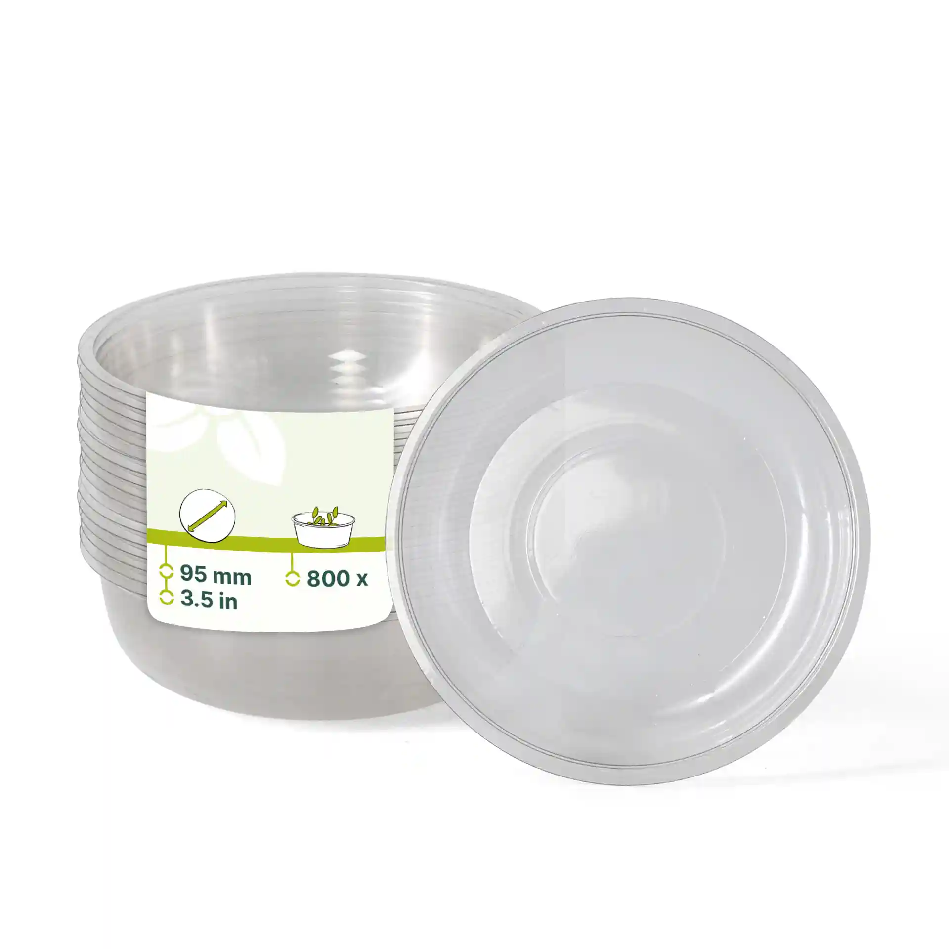 Coppette in PET trasparenti impilate, ciascuna con un diametro di 95 mm e un volume massimo di 130 ml.