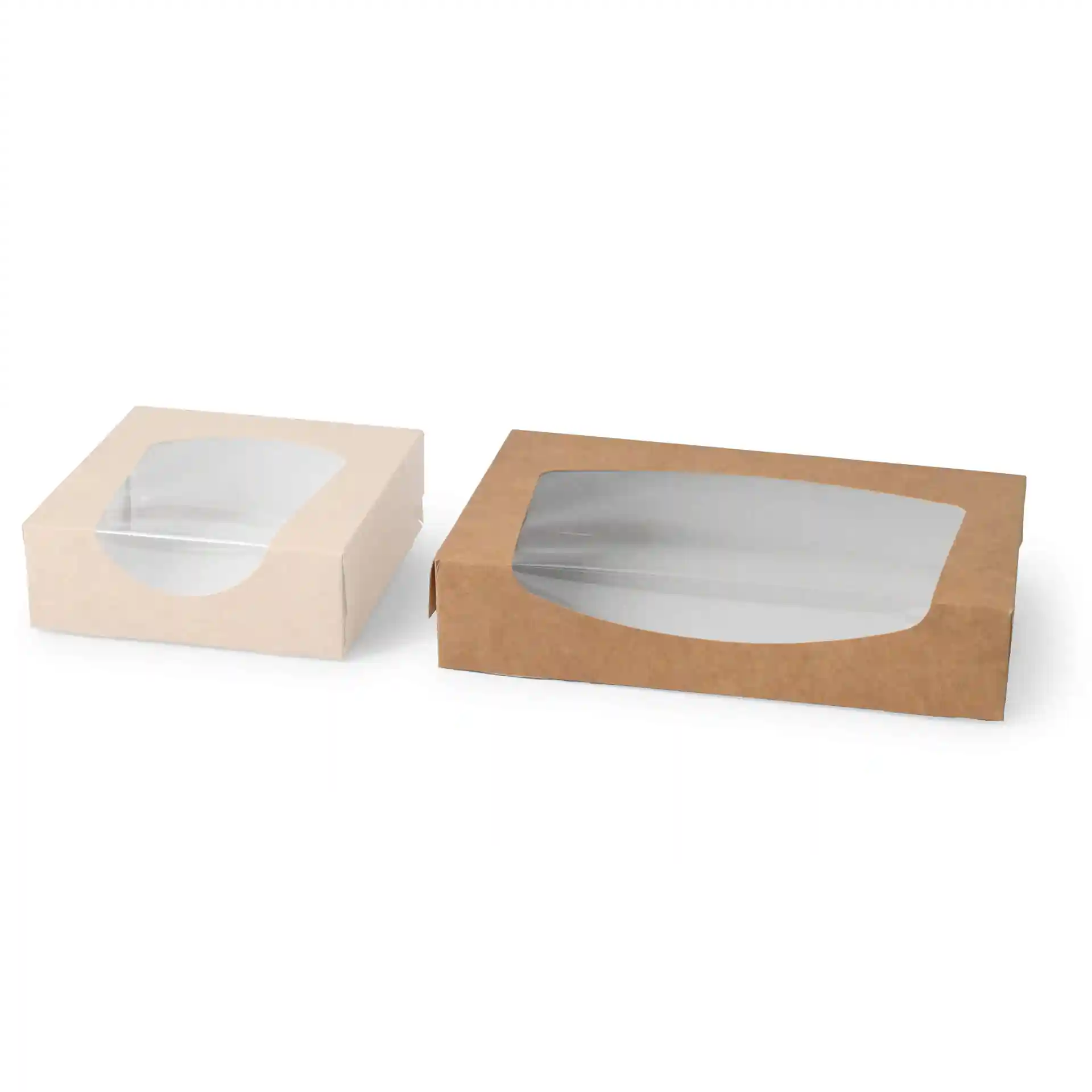 Due scatole di cartone con finestra, una marrone e una bianca, con finestre in plastica trasparente, misurano 20 x 12 x 4 cm.