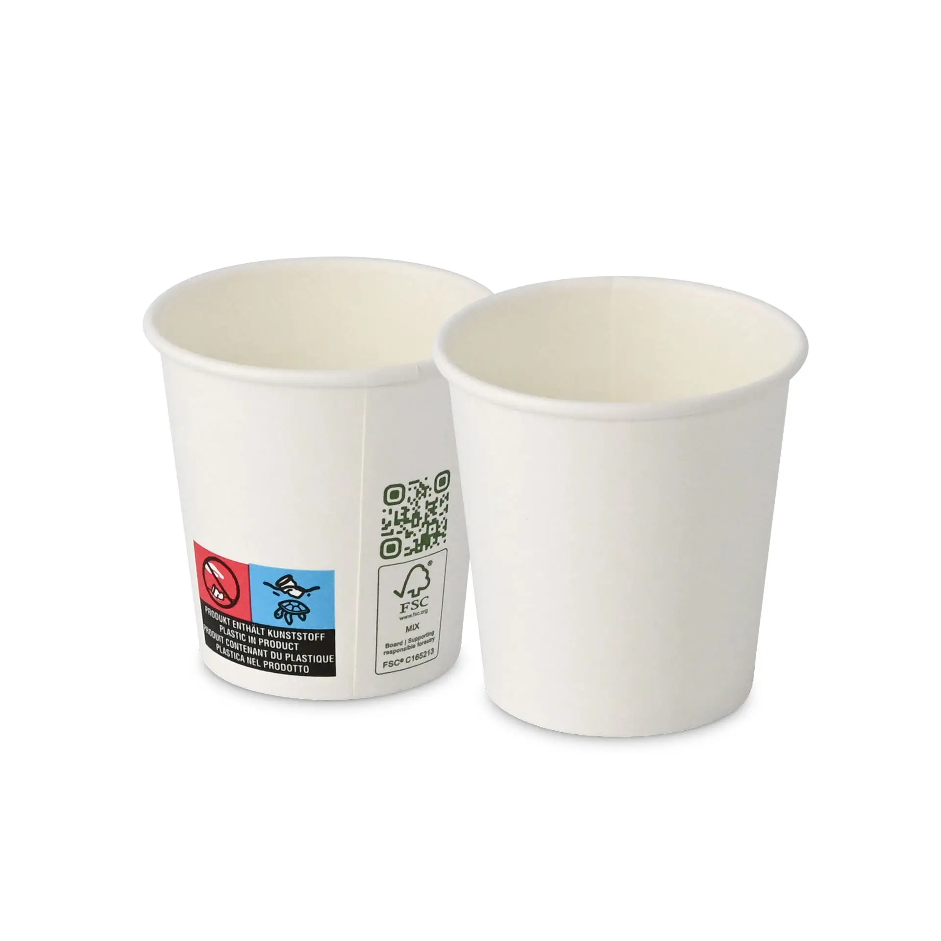 Due bicchieri di carta bianchi con parete singola, capacità di 100 ml e etichette visibili sul lato.