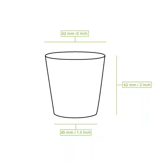 Disegno schematico di un bicchiere con linee di dimensione che indicano un'altezza di 60 mm e un diametro di 62 mm.