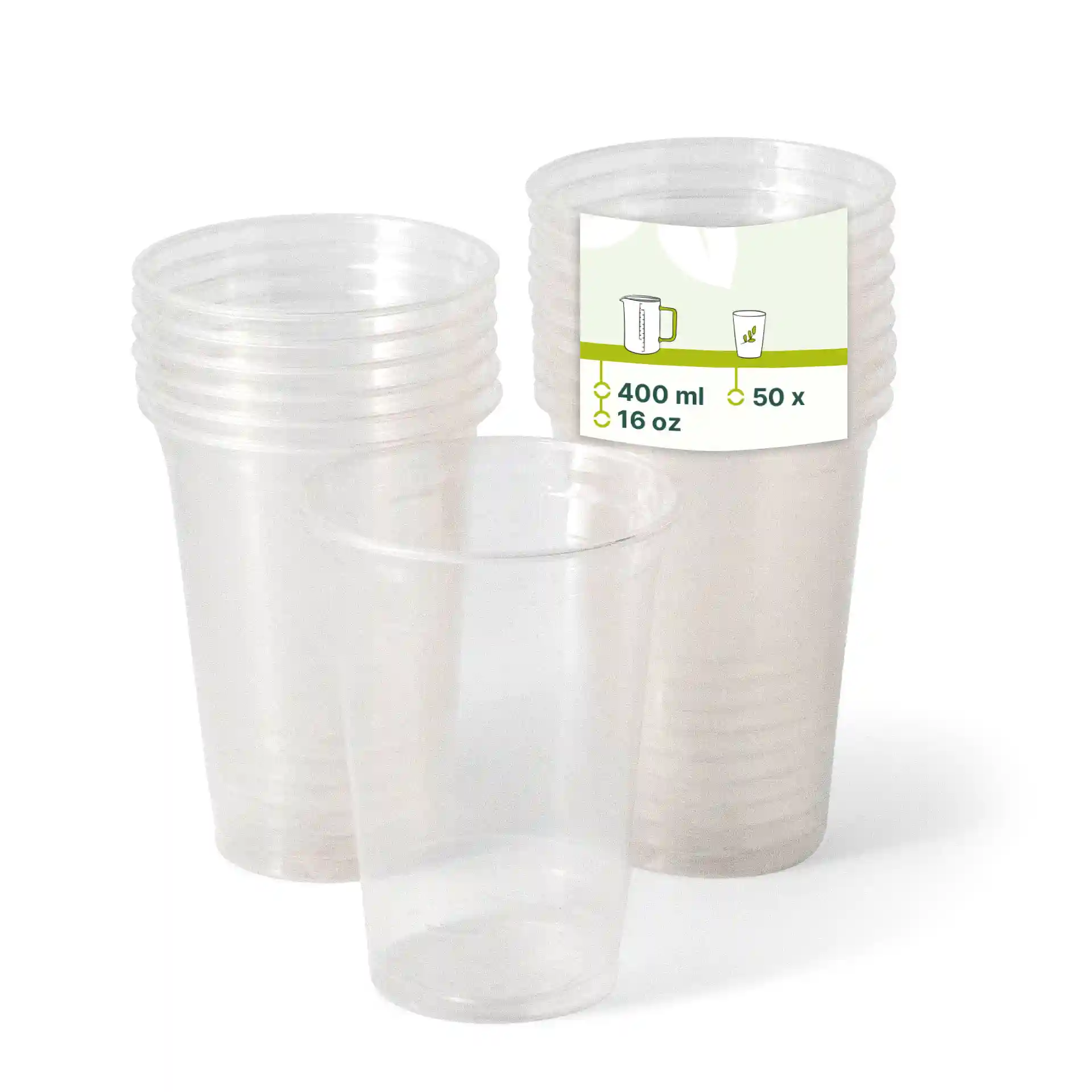 Bicchieri di plastica trasparenti impilati, con un bicchiere davanti e un'etichetta che mostra una capacità di 400 ml e 50 pezzi.