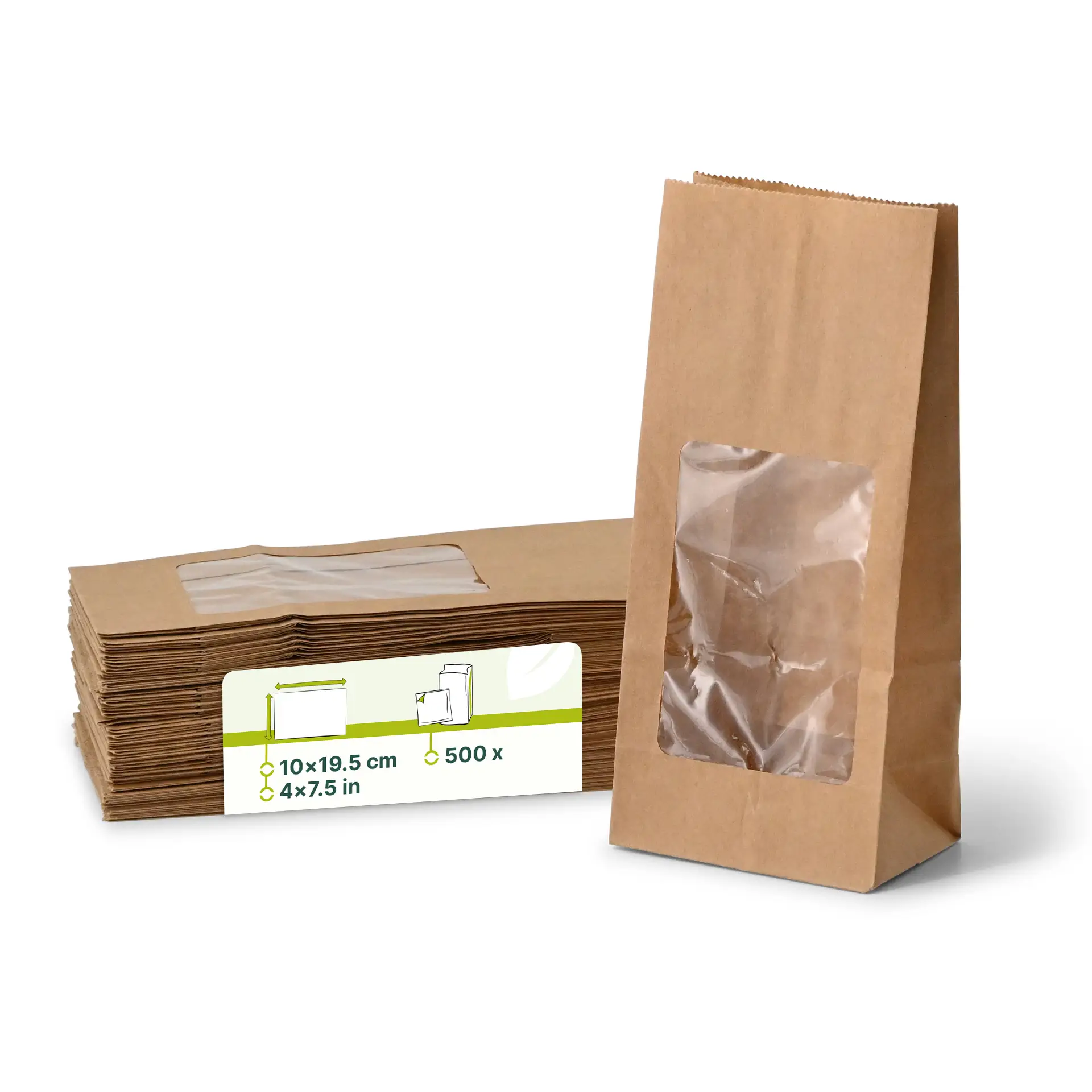 Blockbeutel m. PLA-Fenster S, 10 x 6 x 19,5 cm, braun, Kraftpapier