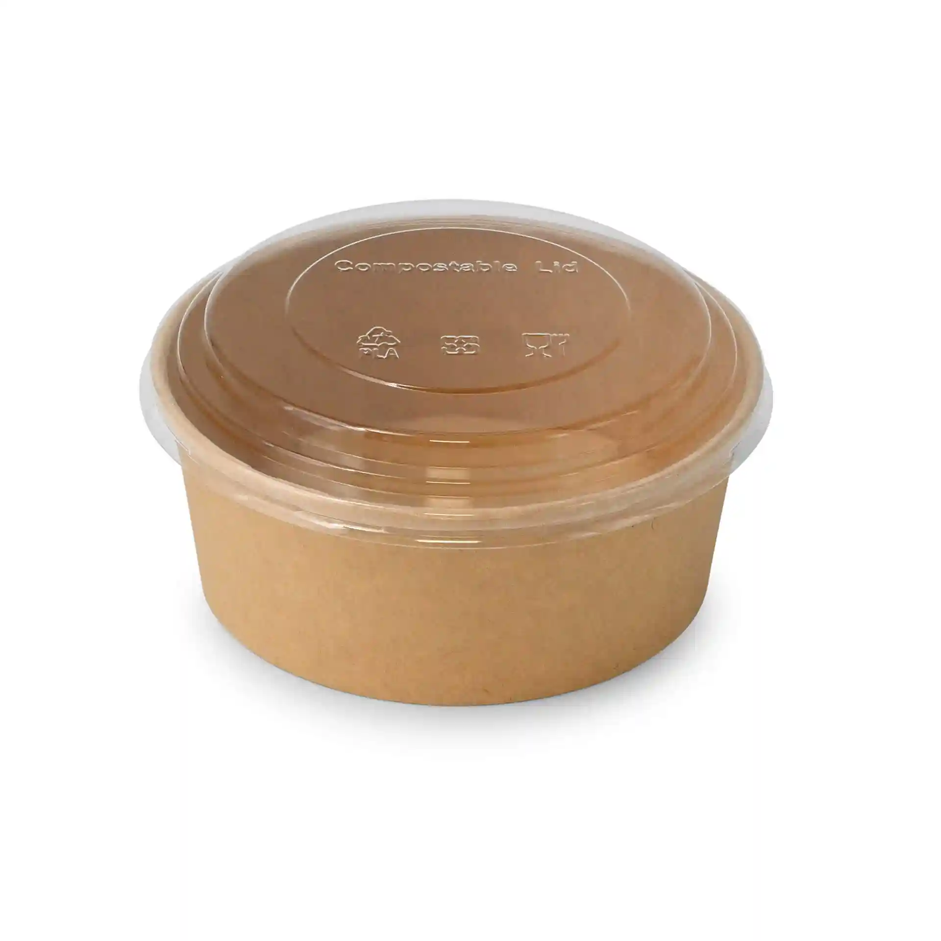 Coperchio in PLA trasparente con base in carta marrone, forma rotonda e altezza di 20 mm.