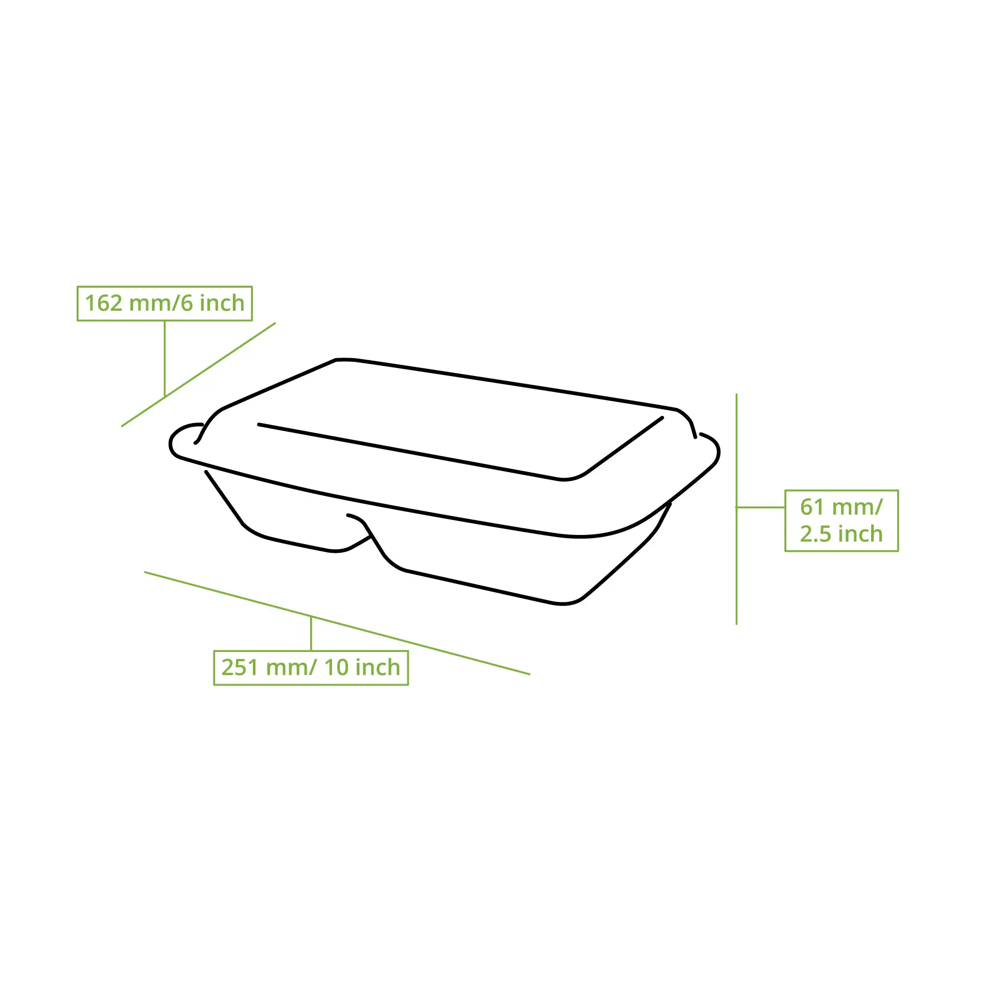 Due contenitori da asporto in fibra di canna da zucchero divisibili, dimensioni 251 mm x 162 mm x 61 mm, adatti per piatti caldi e freddi.
