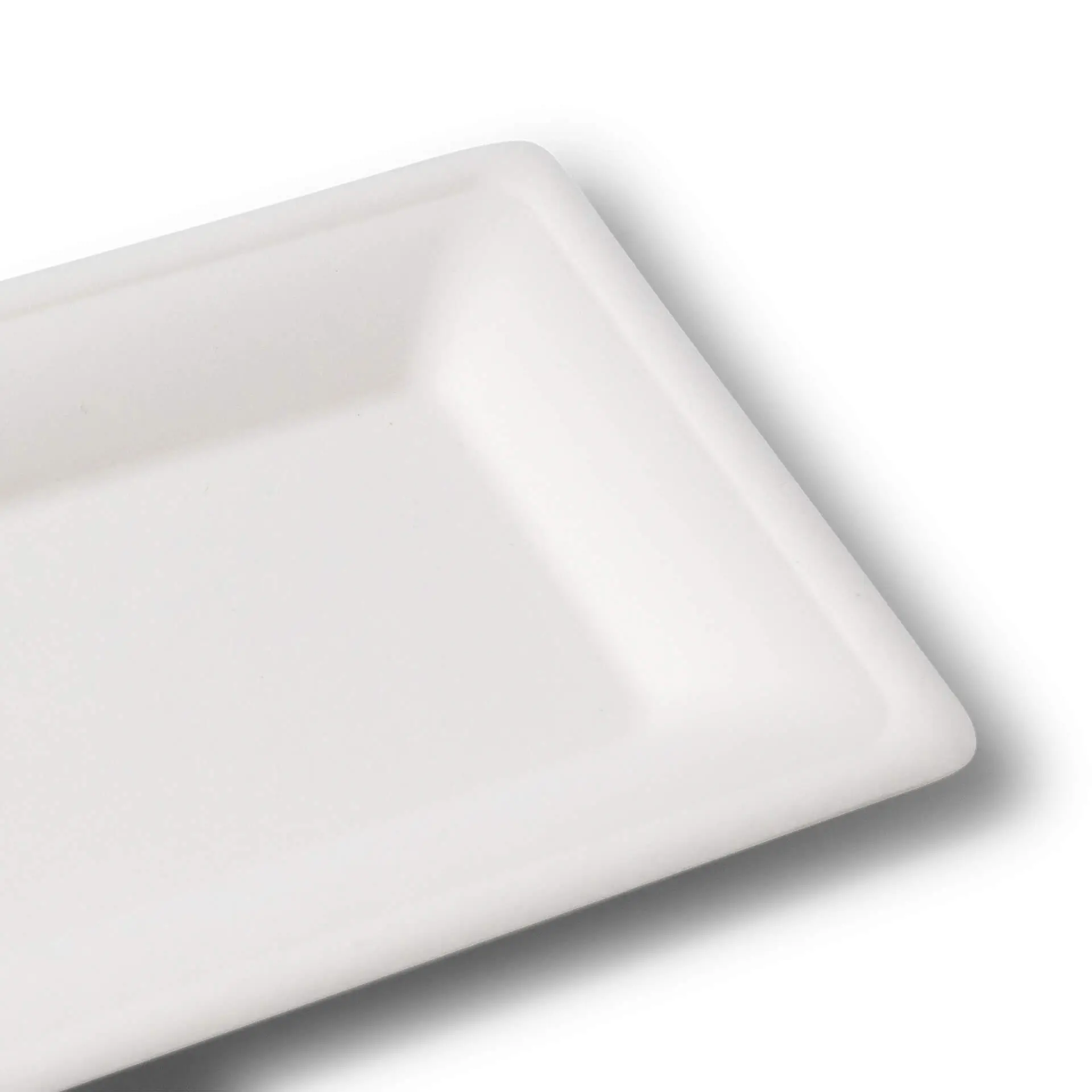 Piatto rettangolare bianco in canna da zucchero, realizzato in bagassa; adatto per cibi caldi e freddi; biodegradabile.