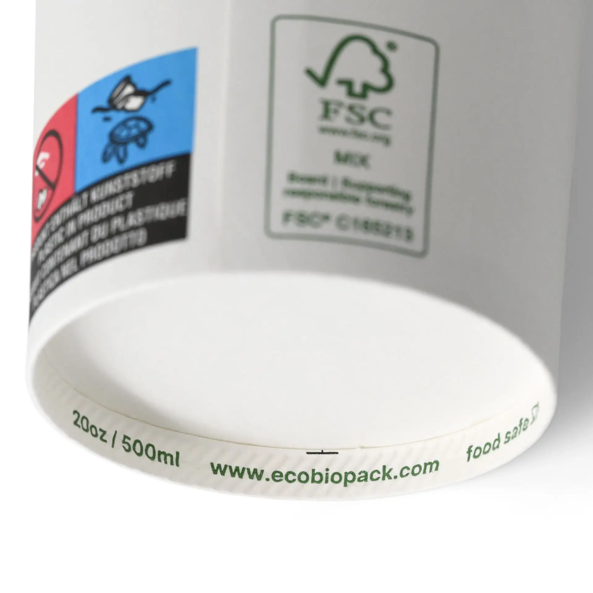 Bicchiere di carta bianco a parete singola, 500 ml, rivestito in PLA con varie etichette e marcature, adatto per bevande calde e fredde.