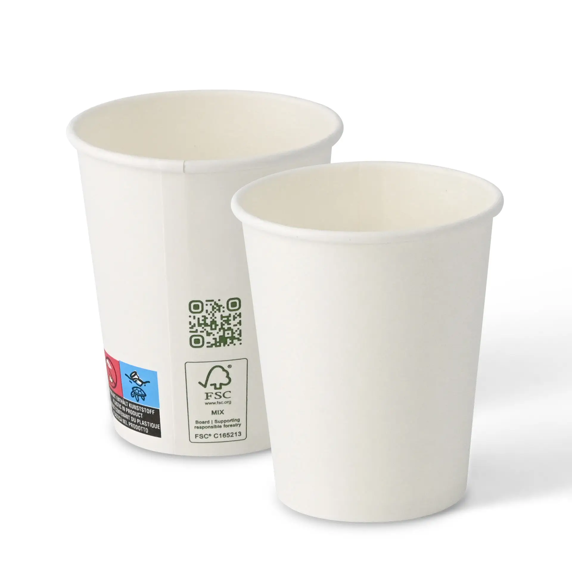 Due bicchieri di carta bianchi, capacità di 200 ml, con parete singola e rivestimento in PLA, mostrati di lato su uno sfondo semplice.