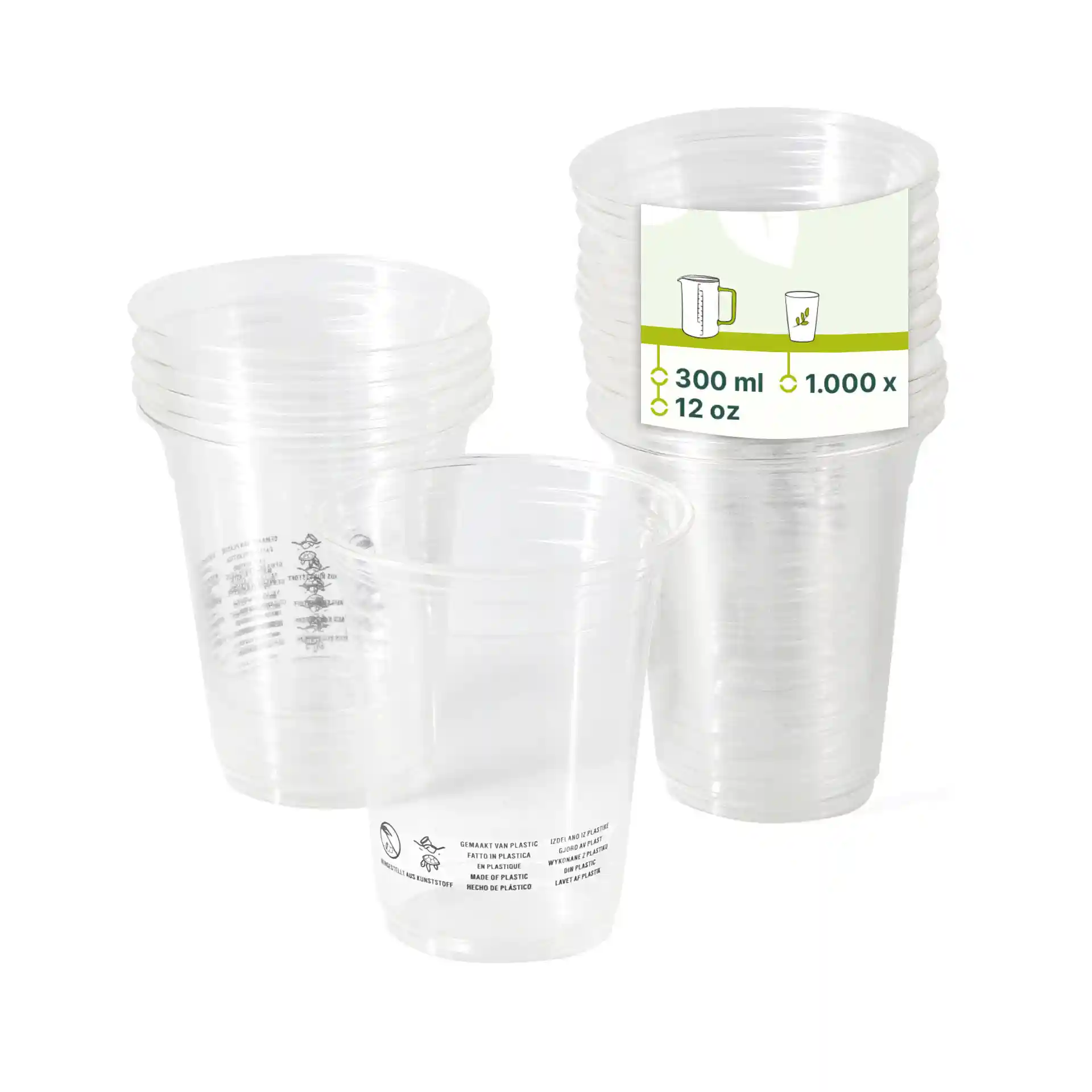 Bicchieri di plastica trasparente impilati, con un bicchiere davanti, che mostra un'etichetta che indica 300 ml di capacità e 12 oz di dimensione.