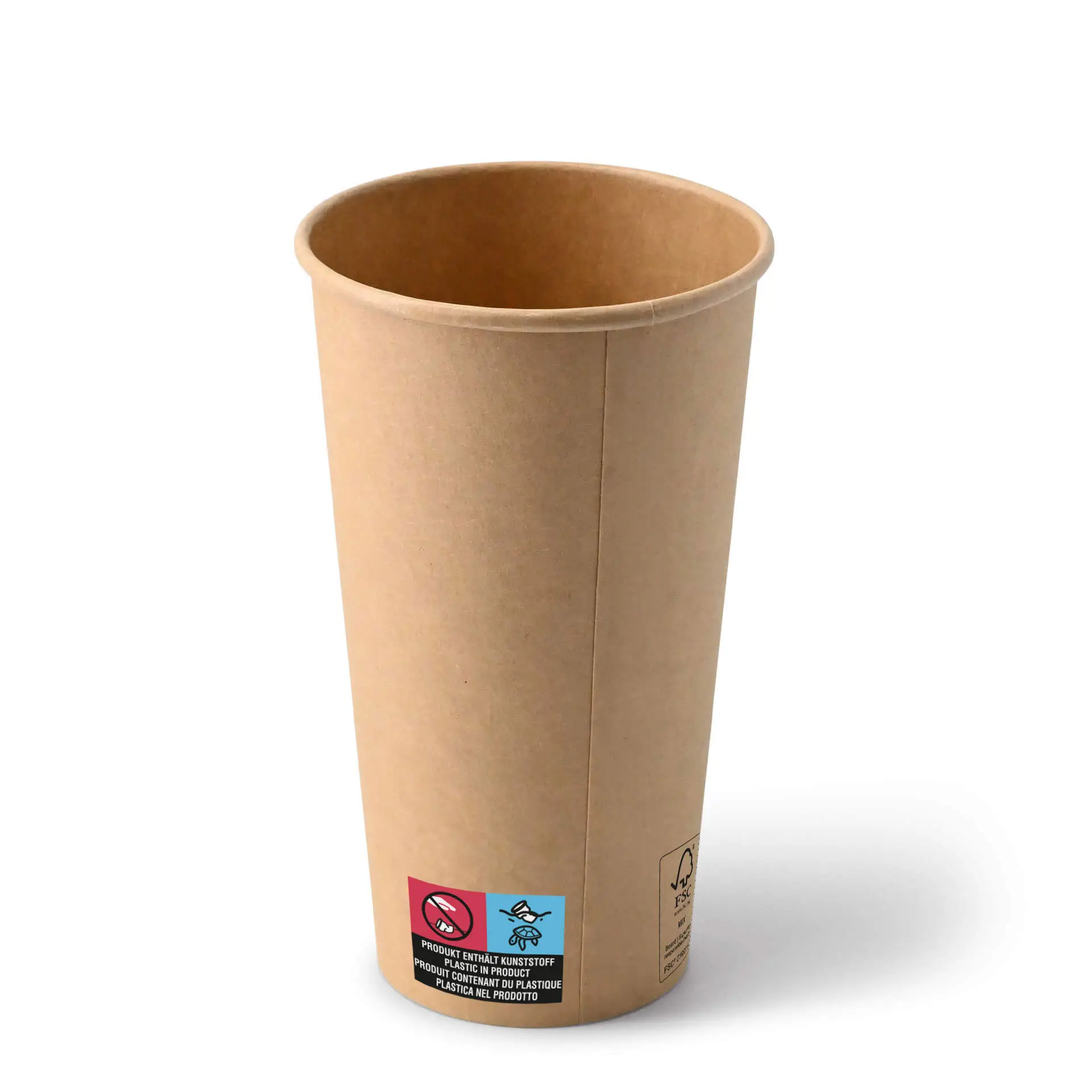Cup in carta marrone da 20 oz con design classico; etichetta che mostra caratteristiche ecologiche e informazioni sul riciclaggio.