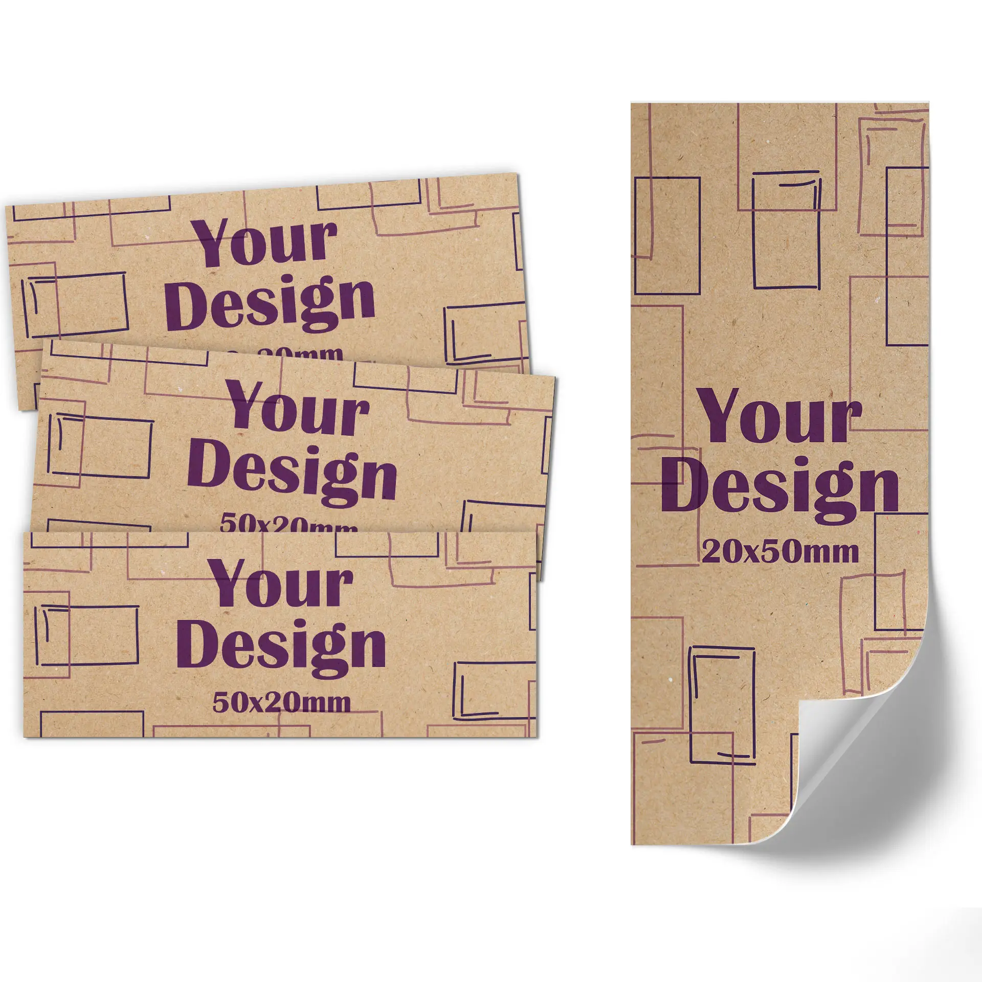 Etichetta con logo circolare e dimensioni di 50x20 mm su sfondo marrone.