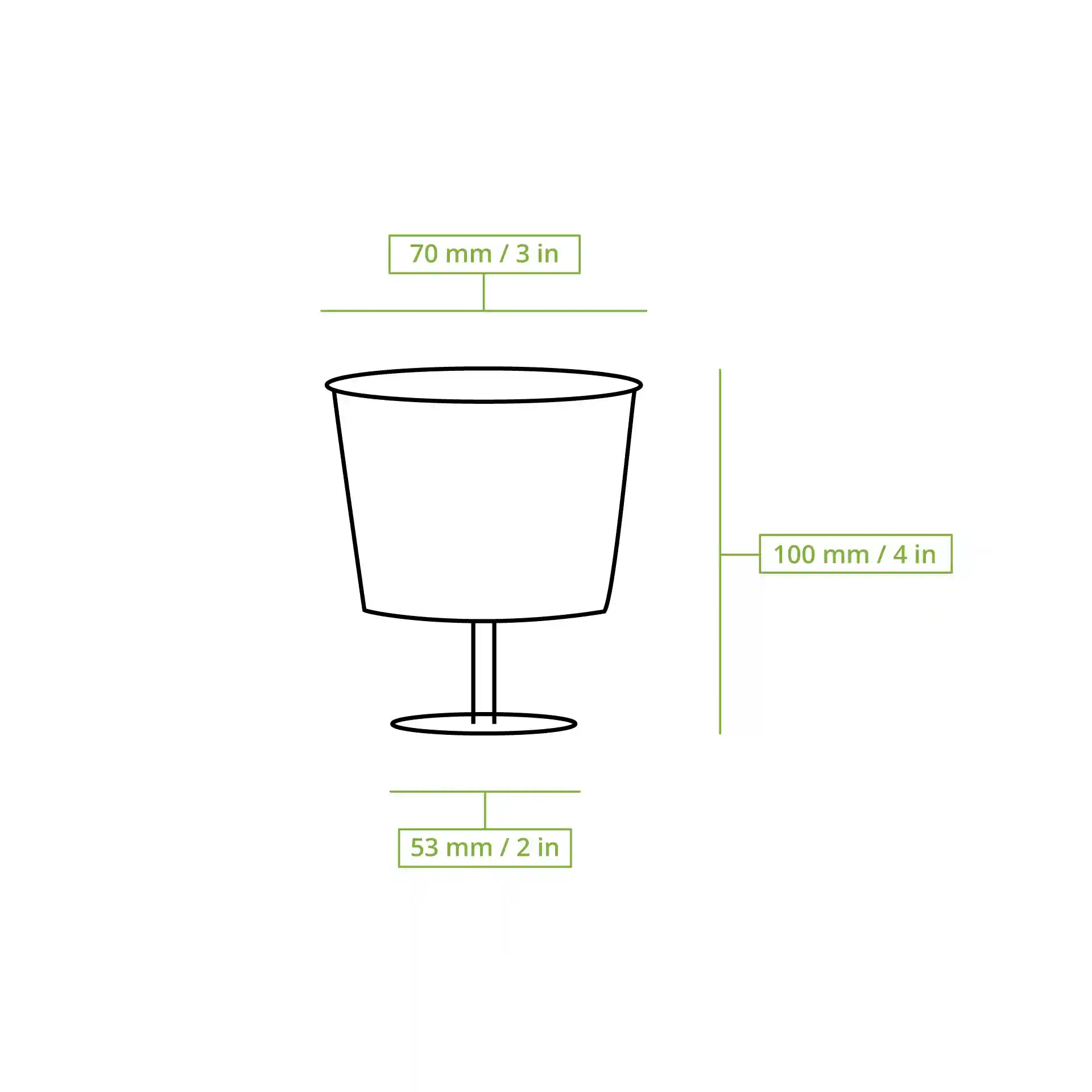 Disegno schematico di un calice con dimensioni: altezza 100 mm, diametro superiore 70 mm, diametro inferiore 53 mm.