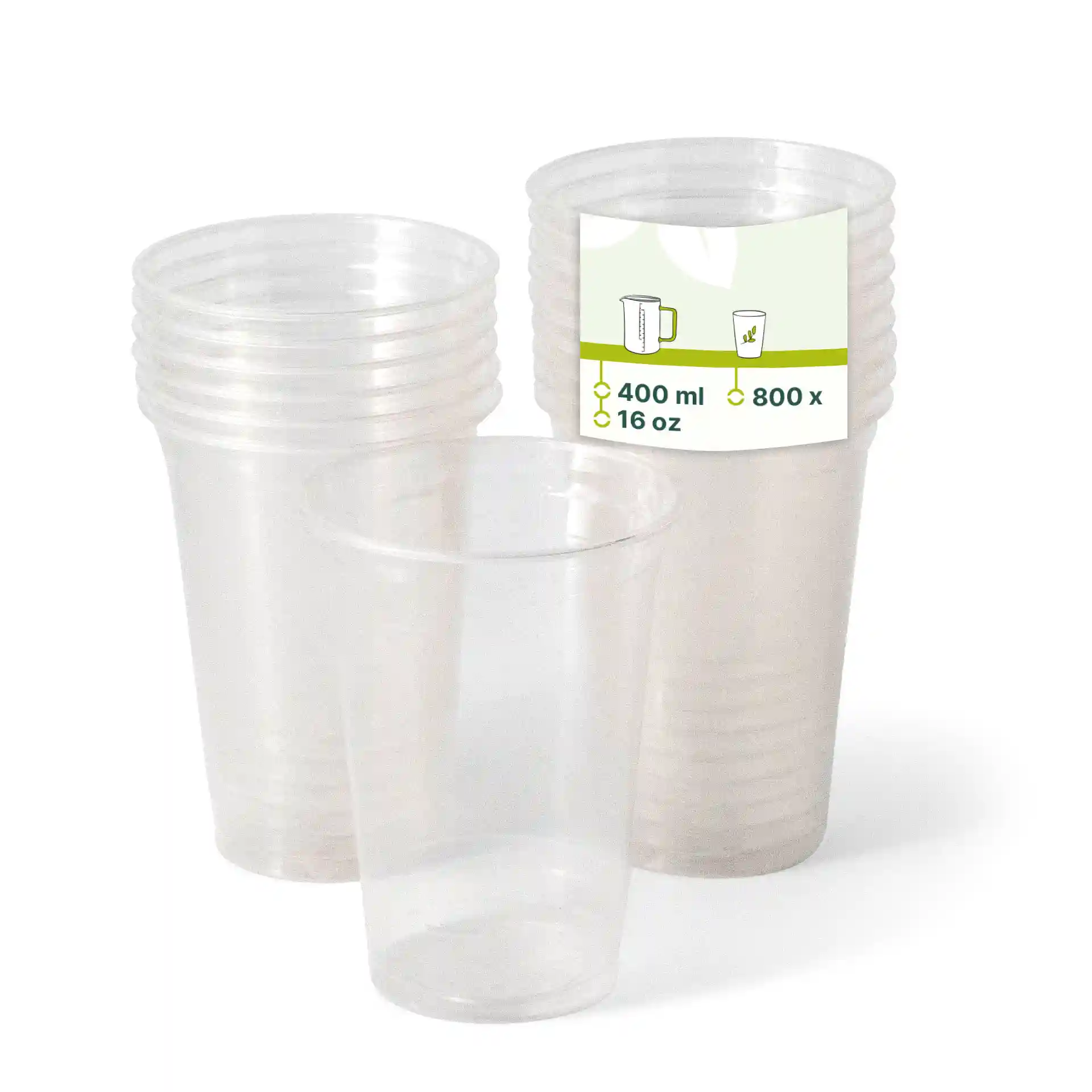 Bicchieri di plastica trasparenti impilati con un'etichetta che mostra una capacità di 400 ml e 800 pezzi.