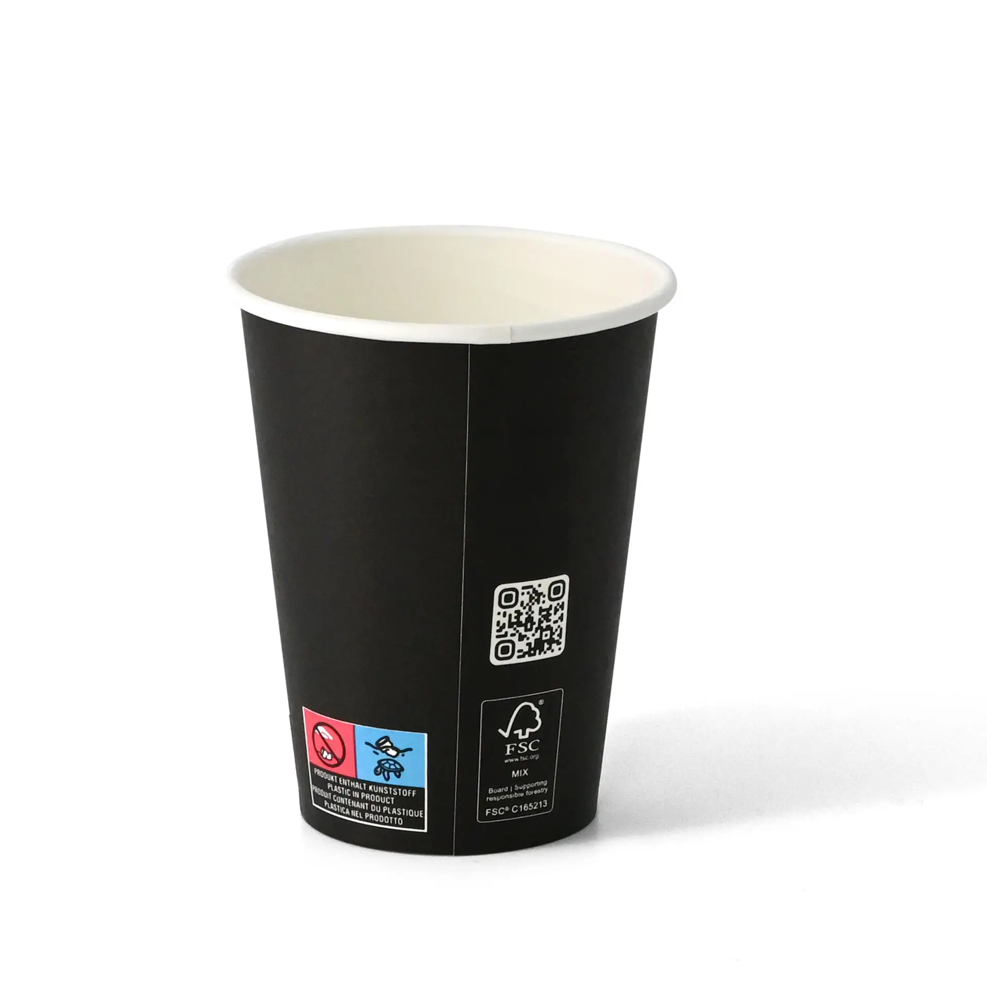 Bicchiere di carta nero con interno rivestito in PLA, capacità di 300 ml e diametro di 90 mm.