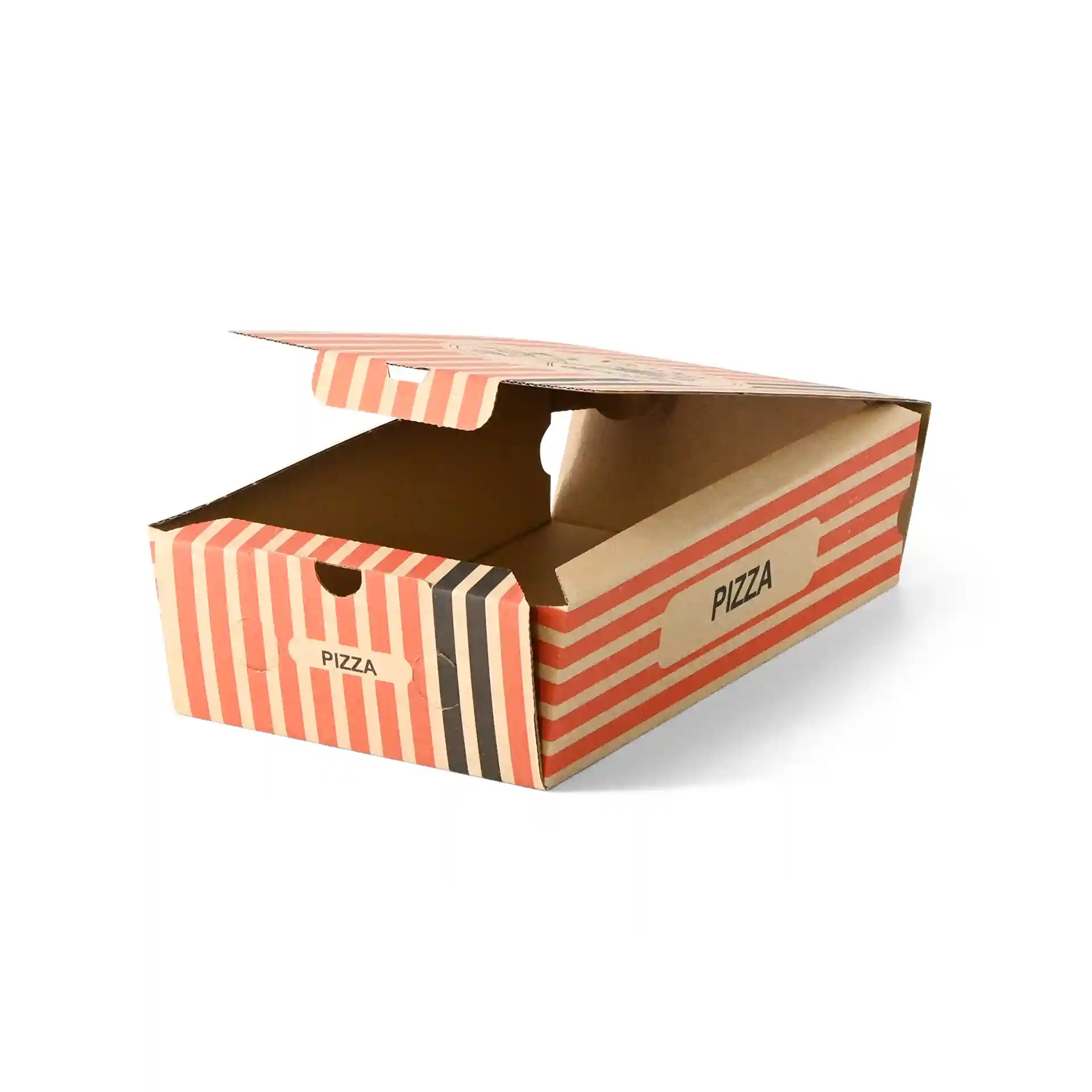 Scatola per pizza marrone con design di chef pizzaiolo, misura 27 x 16 x 7 cm, parzialmente aperta per mostrare l'interno.