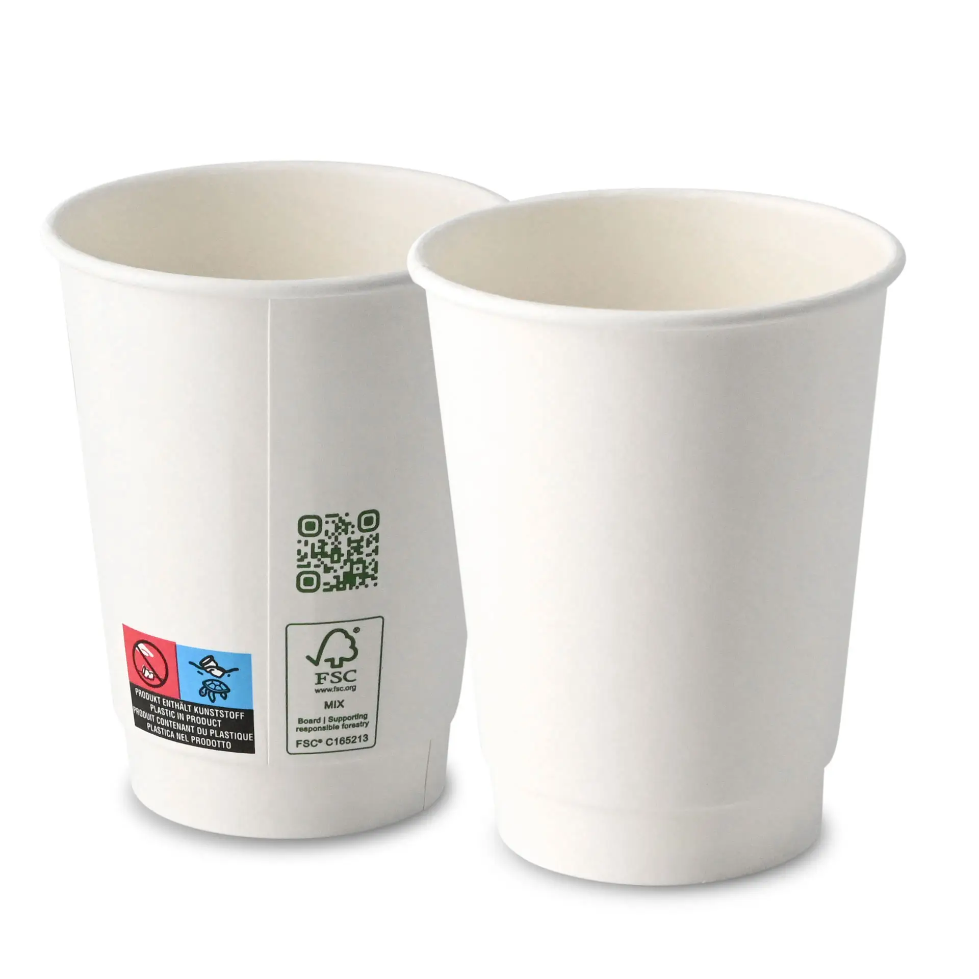Bicchiere da caffè bianco a doppia parete, 300 ml con rivestimento interno in PLA; codice QR e etichette ecologiche sul lato.
