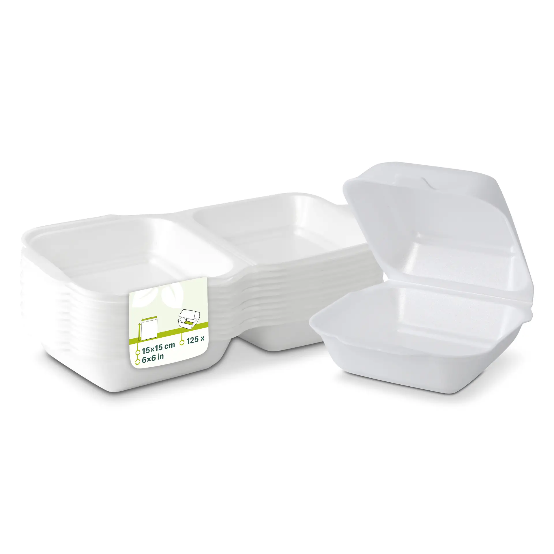 Set di contenitori alimentari quadrati bianchi, ciascuno di 15x15 cm, con un contenitore parzialmente aperto che mostra l'interno.