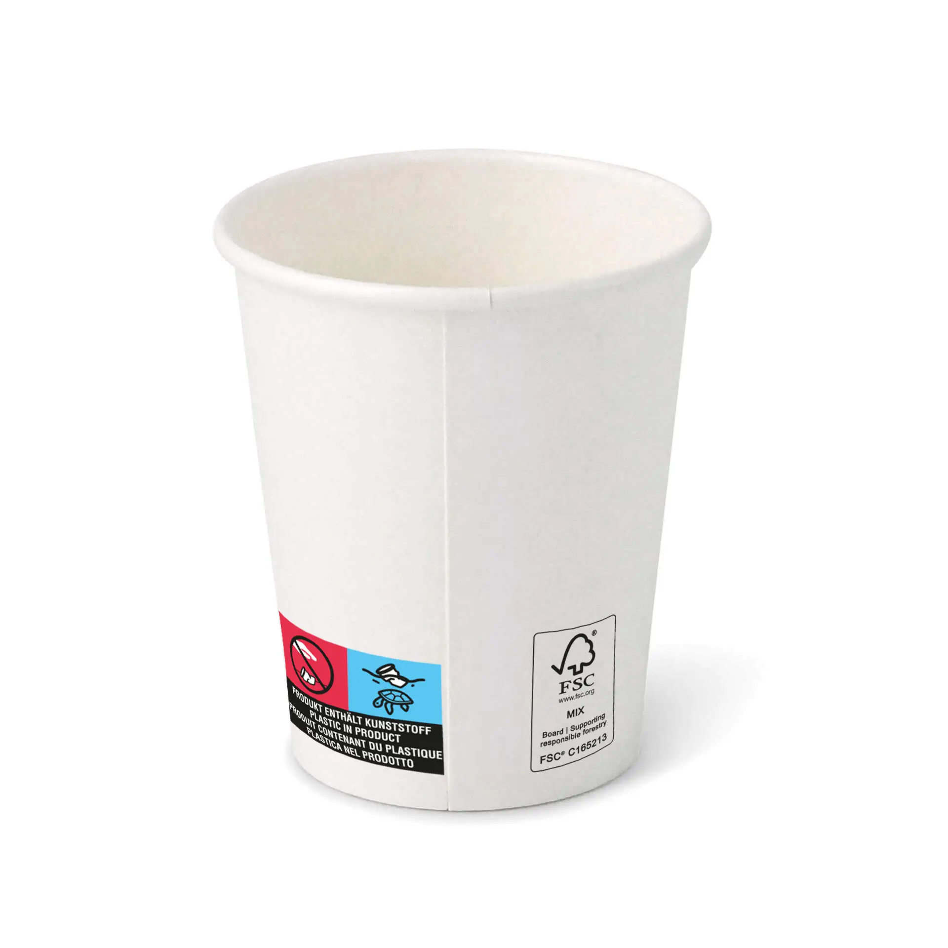 Bicchiere di carta bianco a forma rotonda, capacità di 8 oz e etichette visibili sul lato.