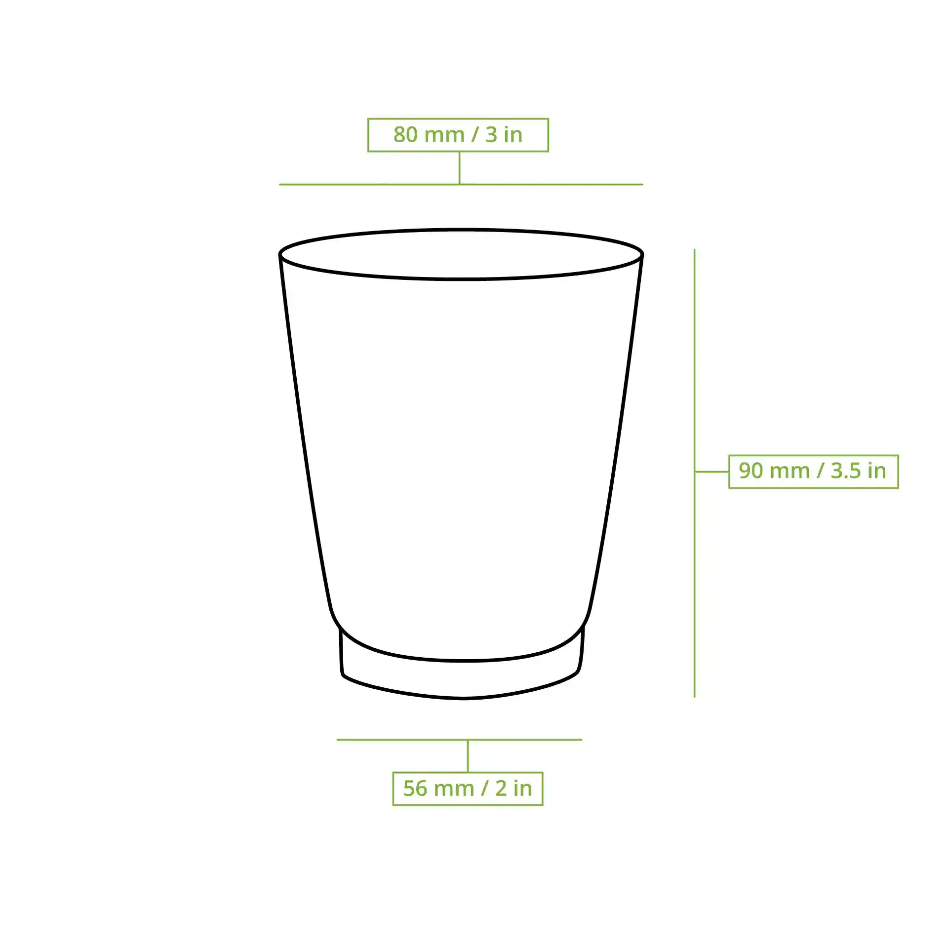 Disegno schematico di un bicchiere a doppia parete con dimensioni: 80 mm di diametro, 90 mm di altezza e 56 mm di diametro alla base.