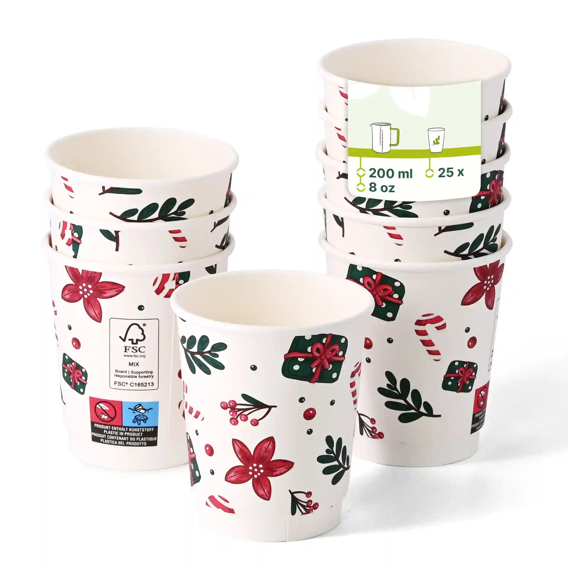 Pila di bicchieri a doppia parete con design invernale, ogni bicchiere contiene 200 ml e ha un diametro di 80 mm.