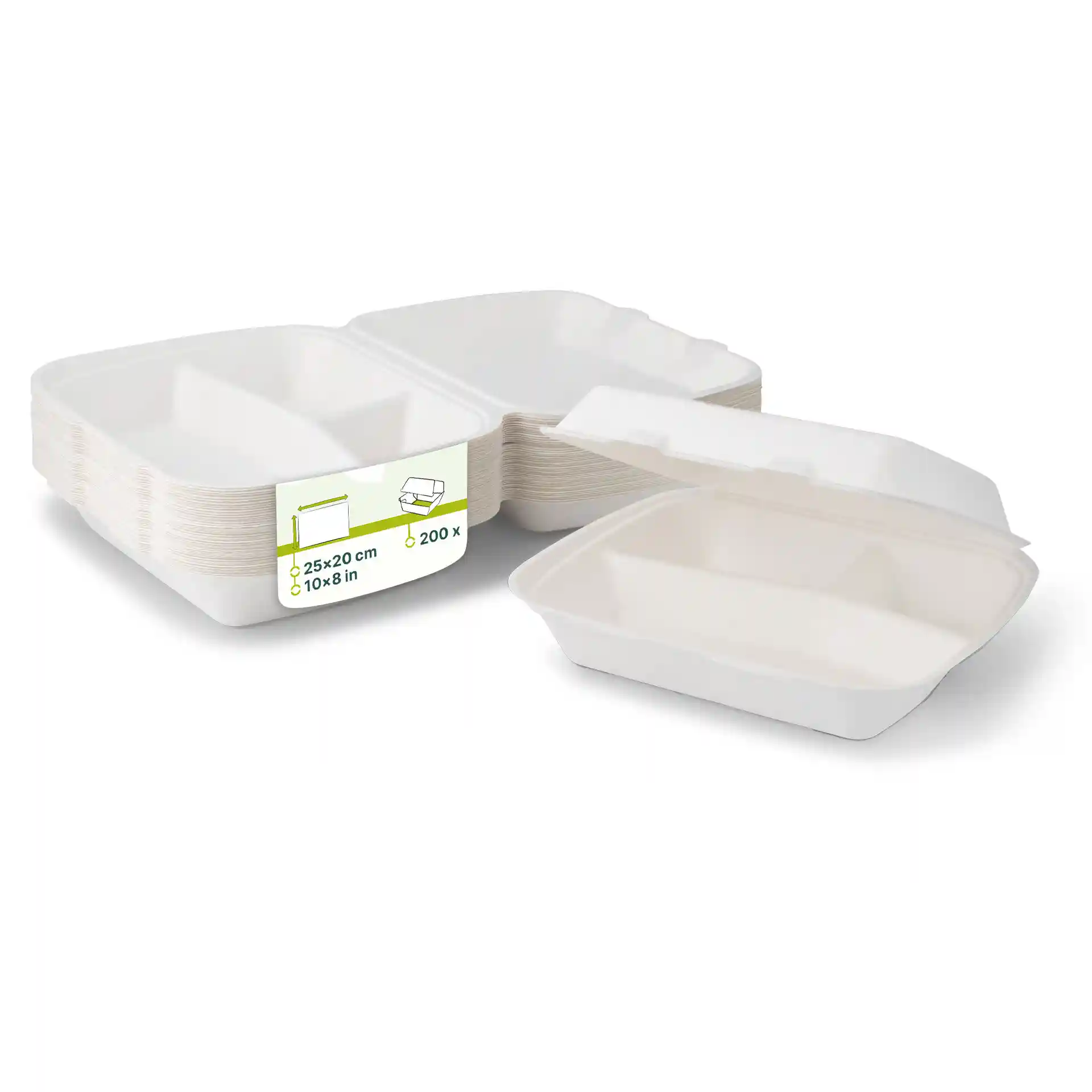 Contenitore per menu rettangolare bianco in canna da zucchero con tre scomparti, coperchio a cerniera e design impilabile.
